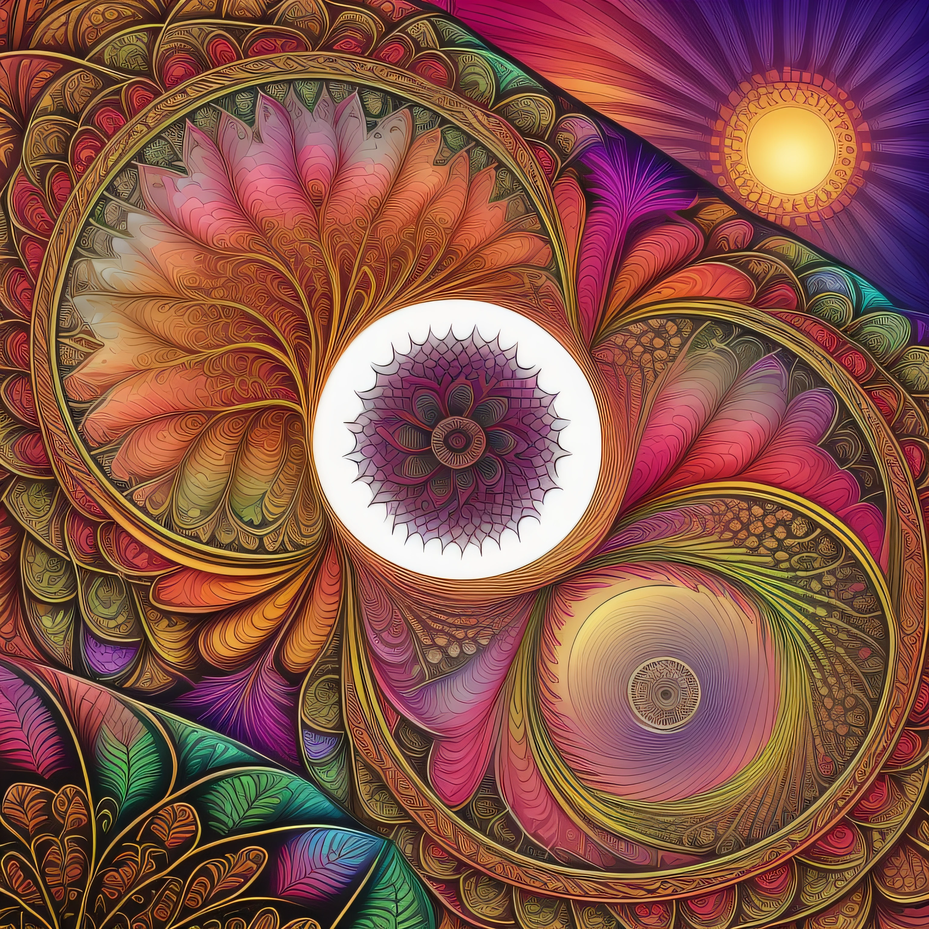 vector art,  Fractal art, psychedelic、japan ezo deer logo、deer line art logo,　couple deer、(Deer in a couple)、autumn leaves(Colored leaves)、cherry blossoms(cherry trees)、nature、sun set,full of life (Full of life)，high quality,mandala(mandalas)、psychedelic aesthetic、3　colours, simple 、developing together、circulate、circle、Coexistence