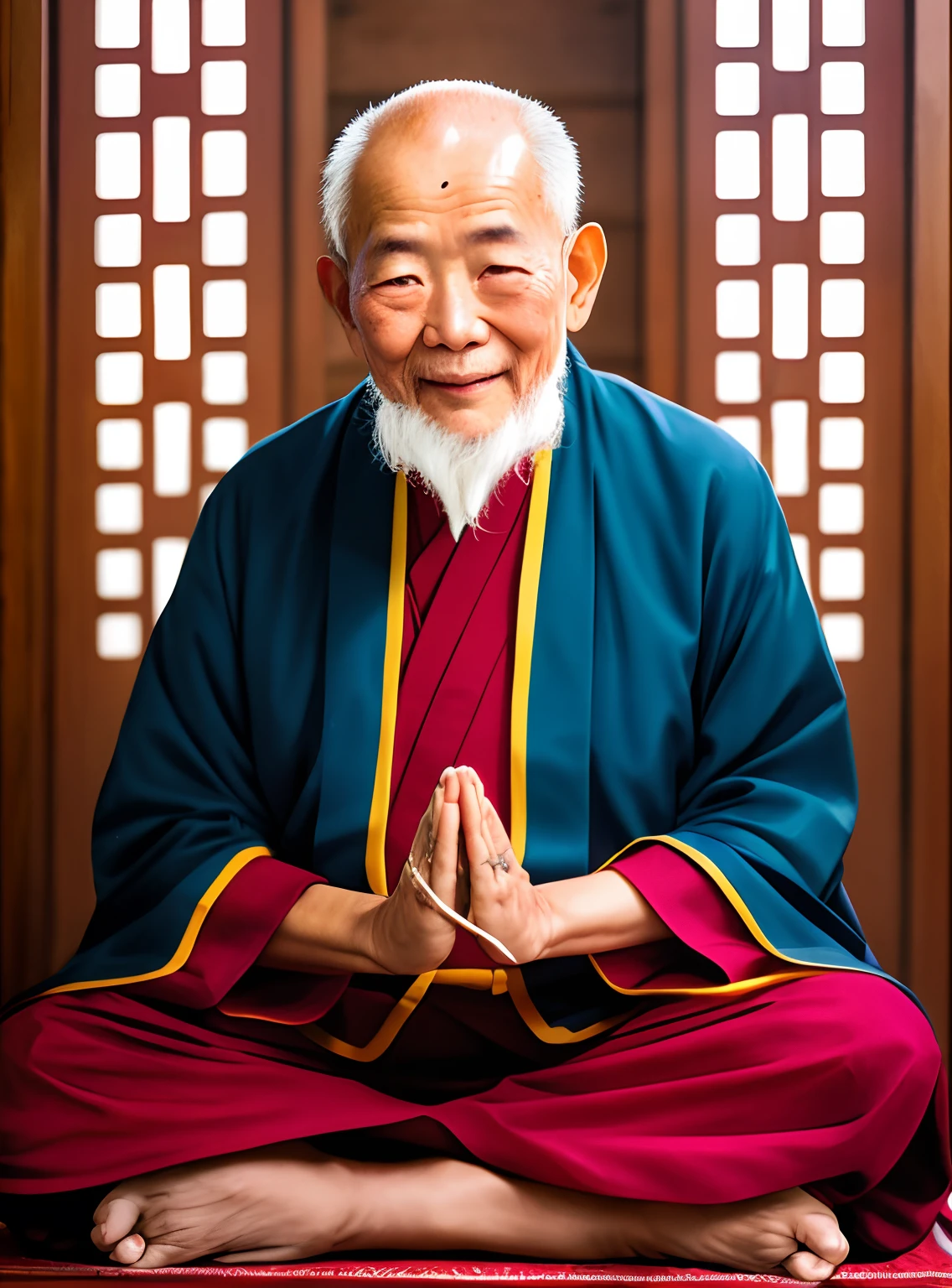 meditate，Put your hands together，70-year-old monk in Tibet，Genteel，ssmile，meditate，A meditative，Orange monk costume，White beard，Sit on your knees，I was holding hands，Full body photo，Authentic portrait，A meditative，Eyes full of wisdom，of a real，facing at camera，Photorealsitic，Positive Body Photography，  Real Human，Real Photographics,8k,realisitic