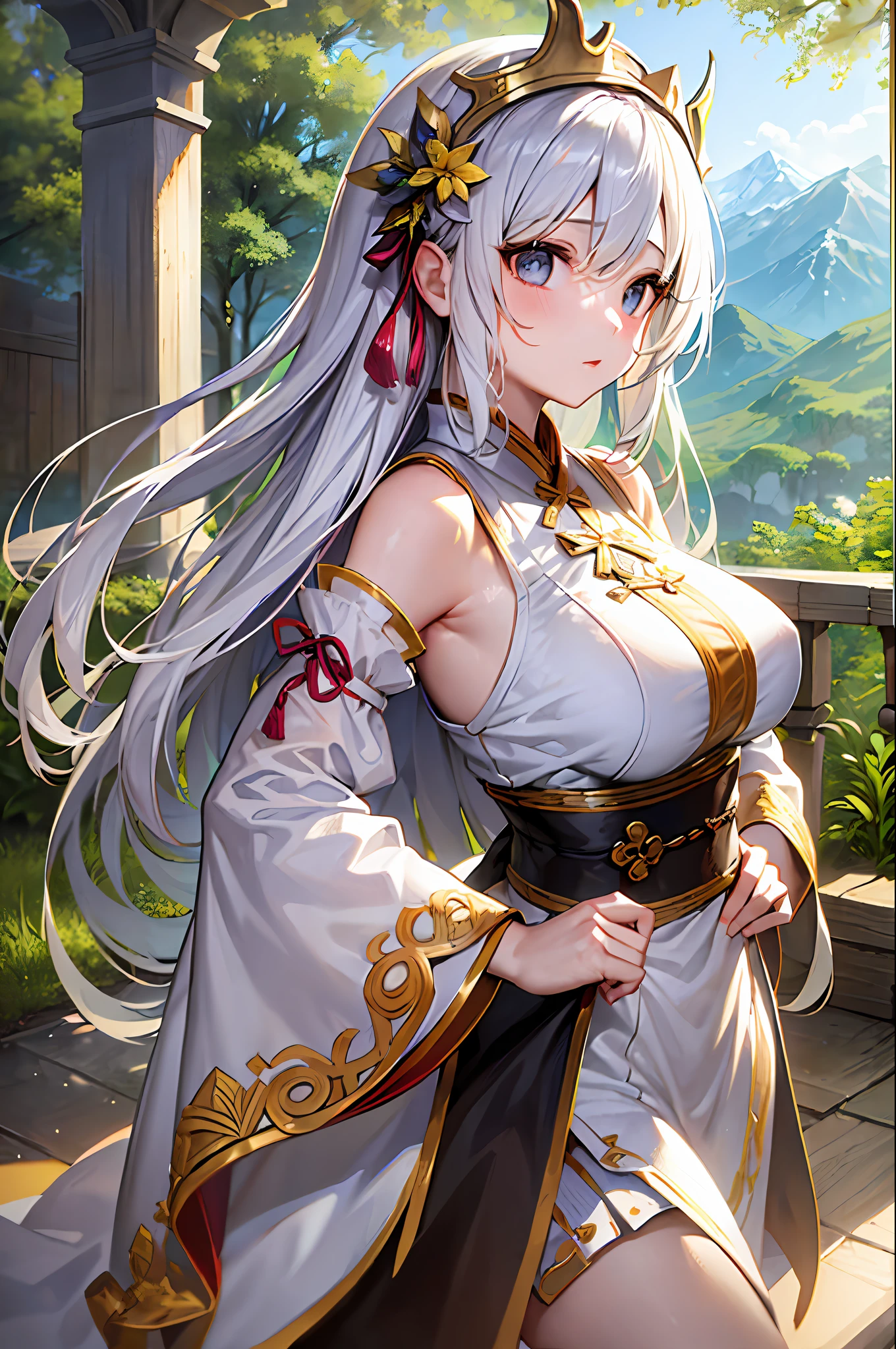 adult girl, long white hair, Green eyes, Hanfu, Open chest, Smile, masutepiece, High quality