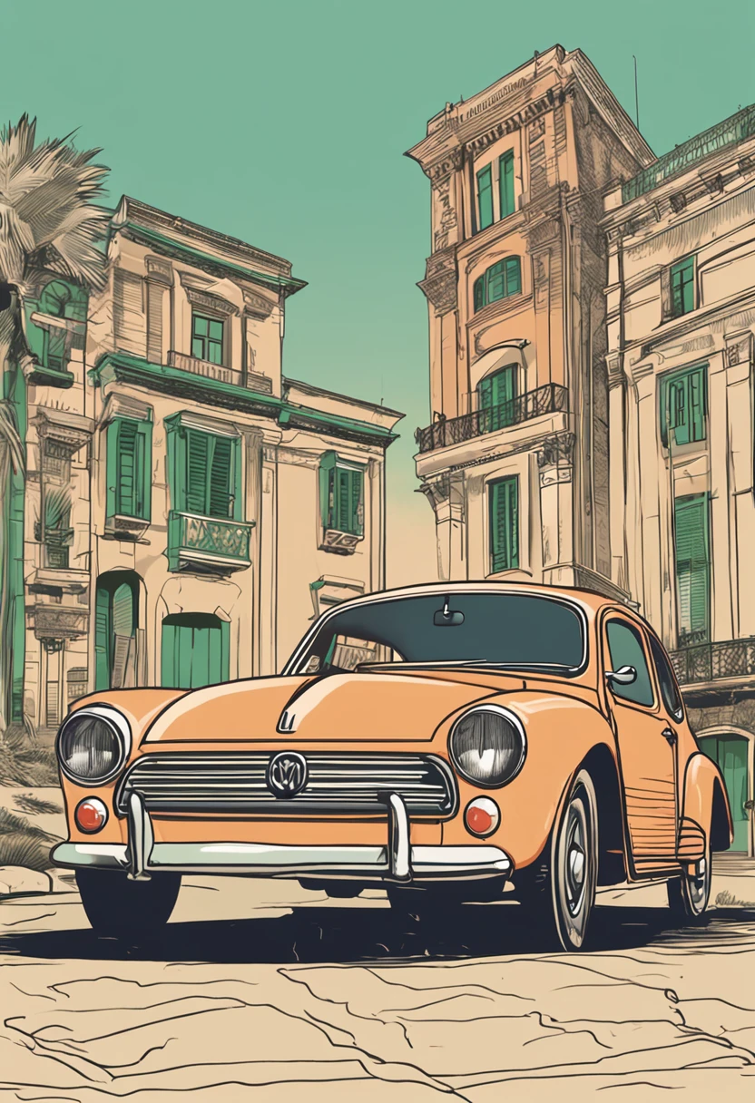 vista externa, um tiro largo, um tiro largo e cheio, vista frontal, Vista exterior, Tiroteio interessante, do lado de fora de uma casa, visto de fora, Medium Wide Shot, Front view, Adobe Illustrator, imagem vetorial de um carro verde claro, modelo Volkswagen fusca 1950, Car proportional to the area , carro no centro da imagem sem cortes, em frente a uma praia no Caribe, com palmeiras, Old buildings of Havana, ::n_baixa qualidade, boneco, anime, imperfeito, Texto, assinatura.