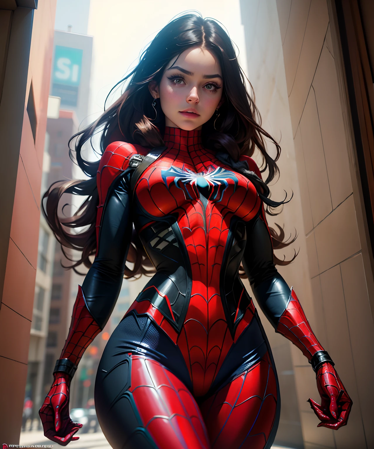 Beautiful woman detailed defined body using spider man cosplay, small breasts