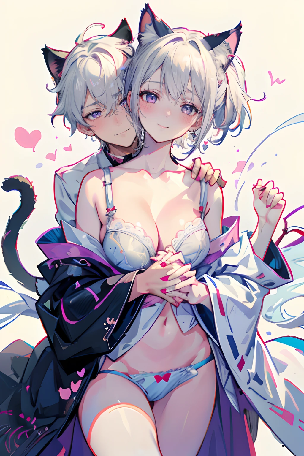 (1boy, 1girl), (cat ears:1.3), short hair, silver hair, white hair, purple eyes, masterpiece, pov, medium breast, absurdres, messy hair, cute smile, winking, blushing, nice hands, simple background, Japanese clothes, kimono, side-by-side, holding hands, floating heart, heart earrings, white hair, full-face blush, looking at each other, face-to-face, (bra and panty:1.3),(tightly embracing each other:1.3),simple background