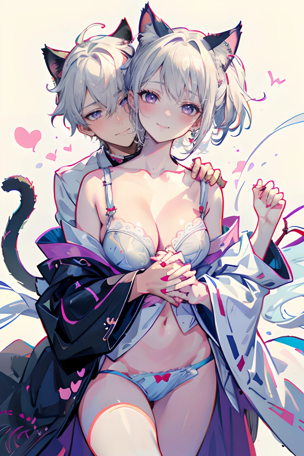 (1boy, 1girl), (cat ears:1.3), short hair, silver hair, white hair, purple eyes, masterpiece, pov, medium breast, absurdres, messy hair, cute smile, winking, blushing, nice hands, simple background, Japanese clothes, kimono, side-by-side, holding hands, floating heart, heart earrings, white hair, full-face blush, looking at each other, face-to-face, (bra and panty:1.3),(tightly embracing each other:1.3),simple background