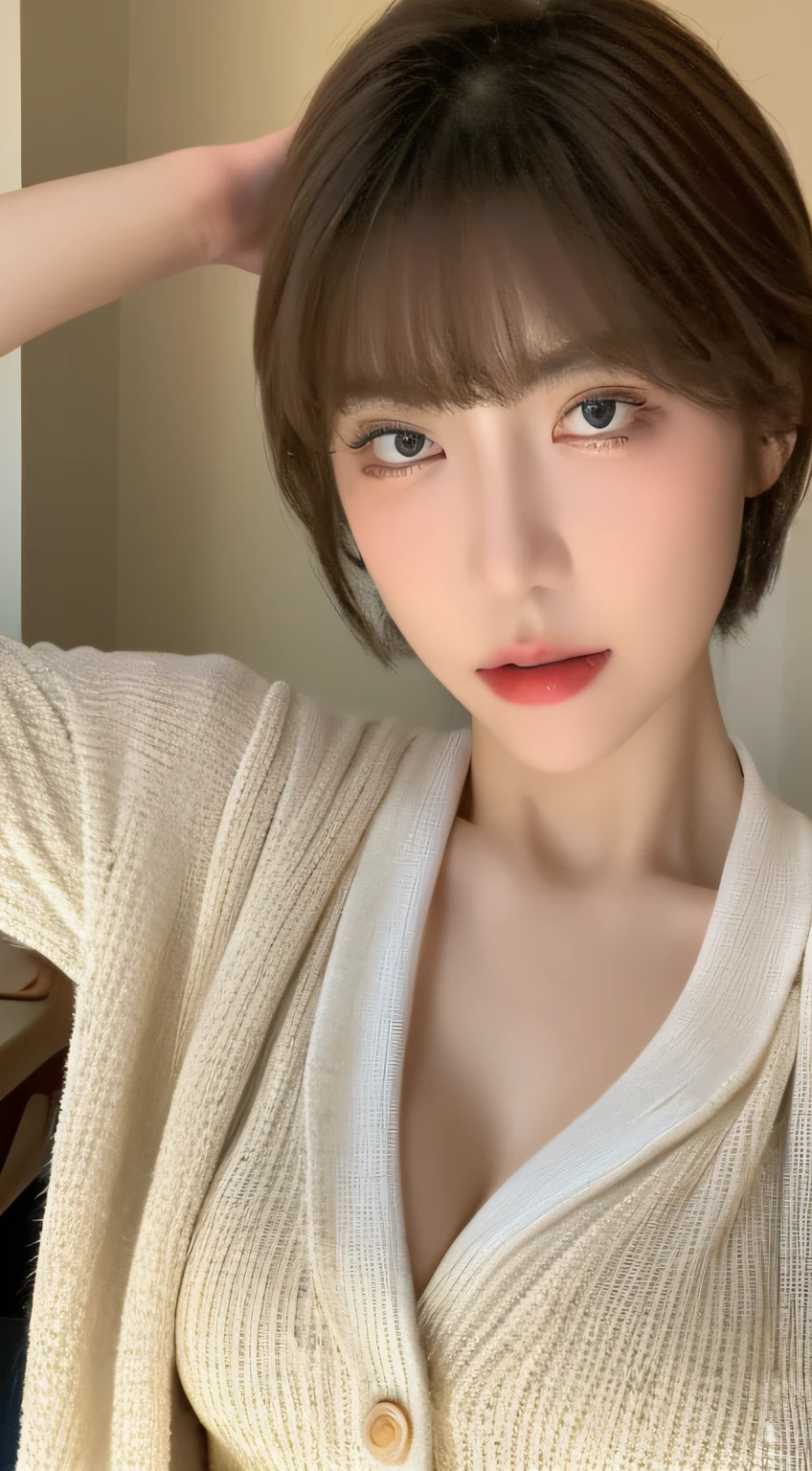 ((Best quality, 8k, Masterpiece :1.3)), 1girl, Pretty woman with slender abs :1.3, (Medium-short hair, Huge breasts :1.2), Cardigan :1.1, Ultra-detailed face, Detailed eyes, Double eyelid