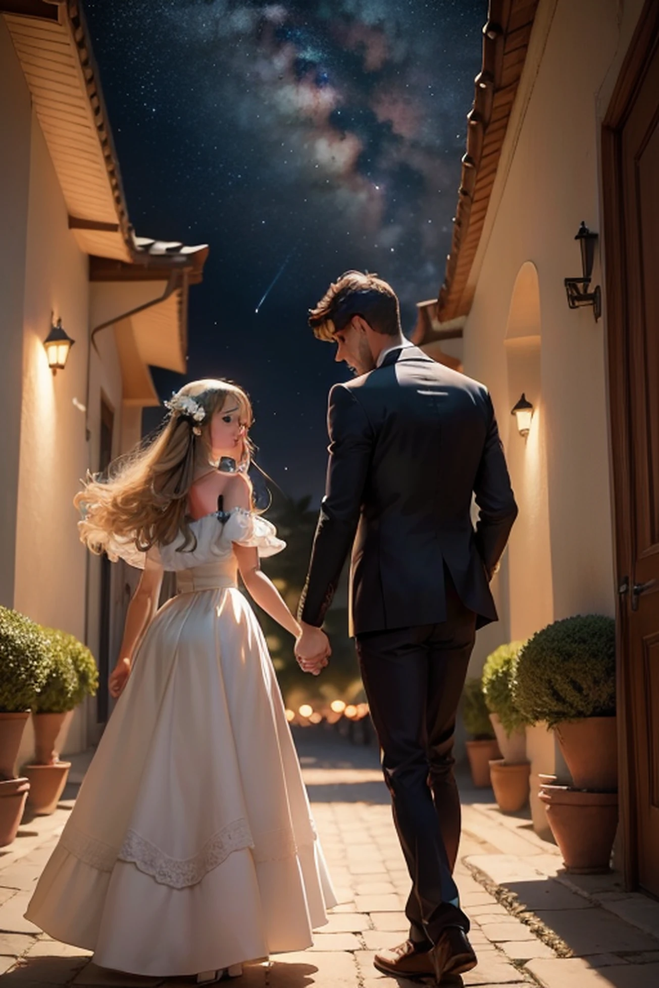 The 20-year-old couple meet again in an environment full of meaning and emotion: Era uma noite serena, where the sky was speckled with twinkling stars. Um lugar especial, um jardim secreto envolto em uma aura de magia e nostalgia. A lua brilhava suavemente, casting a silver light on each leaf and flower. No centro do jardim, havia um banco de pedra ornado com entalhes intricados, testemunha silenciosa de muitos momentos compartilhados. As flores exalavam seus perfumes doces, mingling with the gentle breeze that caressed the place. De repente, ele aparece, vestindo um terno escuro, your hands in your pockets, olhar fixo nas estrelas. Ela surge do outro lado do jardim, wearing a flowing dress that floats as she moves, seus olhos brilhando de expectativa. Os olhares se cruzam, and a tender smile full of shared memories forms on his lips. Lentamente, eles se aproximam, each step echoing like heartbeats that never ceased to echo through each other. He holds out his hand, e ela aceita, your fingers intertwining like pieces of a puzzle that fit together perfectly. Eles se sentam no banco, Looking up at the starry sky, como fizeram tantas vezes antes. Words are not needed, for the silence between them is charged with meaning. Eles observam as estrelas, Remembering the stories they shared, das promessas feitas e das aventuras vividas. As the gentle breeze envelops them, They feel a sense of peace and wholeness. O tempo parece suspenso, And they get lost in the memories and deep connection they've always shared. Nesse lugar especial, Beyond the boundaries of time and the universe, eles encontram um momento eterno. A moment that transcends the words and limitations of everyday life. Ali, eles se reencontram, renovando a promessa de um amor que nunca acabou, even beyond the dimension we know.