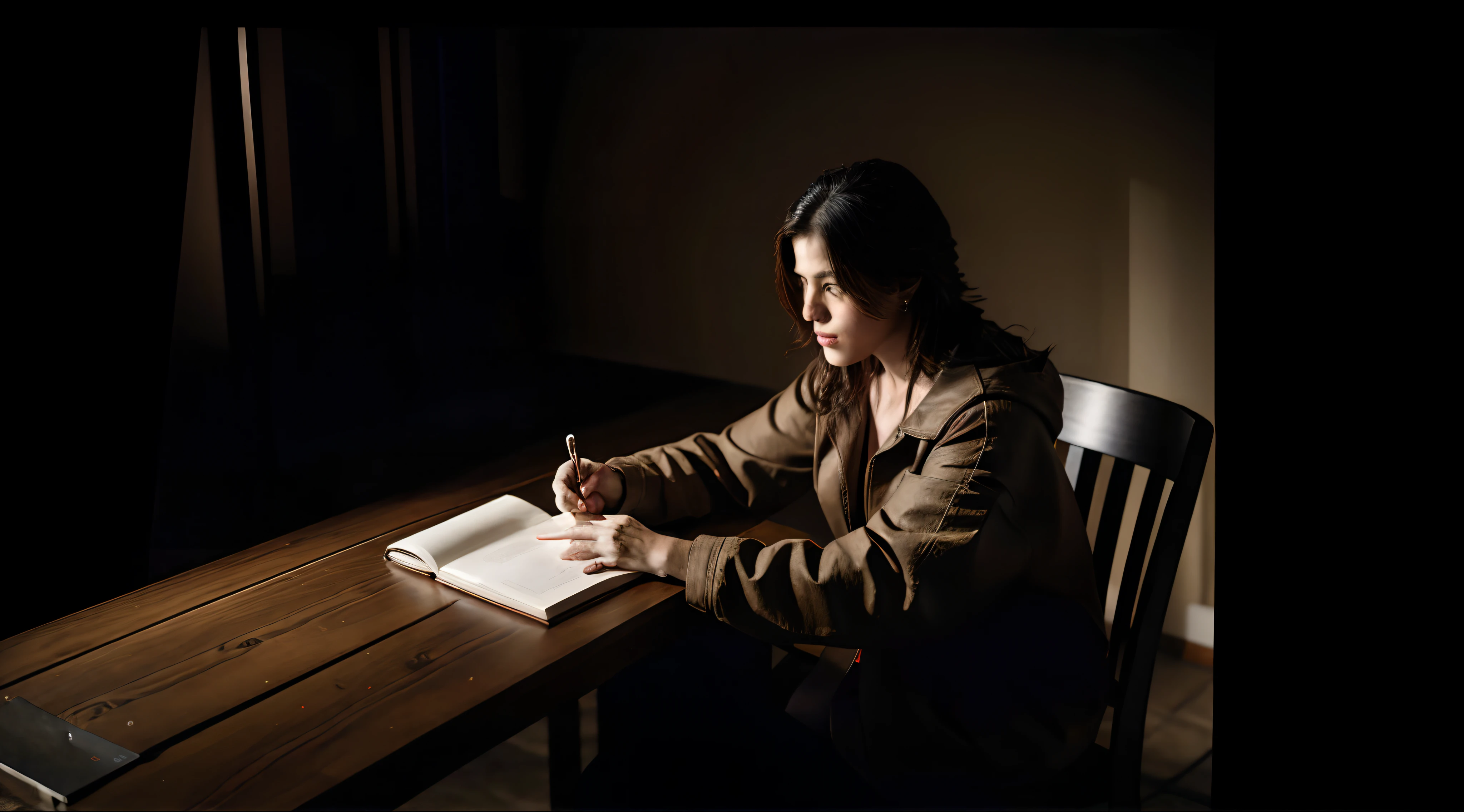 mulher sentada em uma mesa escrevendo em um livro com uma caneta, Chiaroscuro estudioso, ainda de um filme live action, writing in journal, shot with sony alpha 1 camera, production still, Filmado com Canon EOA 6 D Mark II, taken with sony a7r camera, Tomado com Sony Alpha 9, roteirista, fotografia editorial