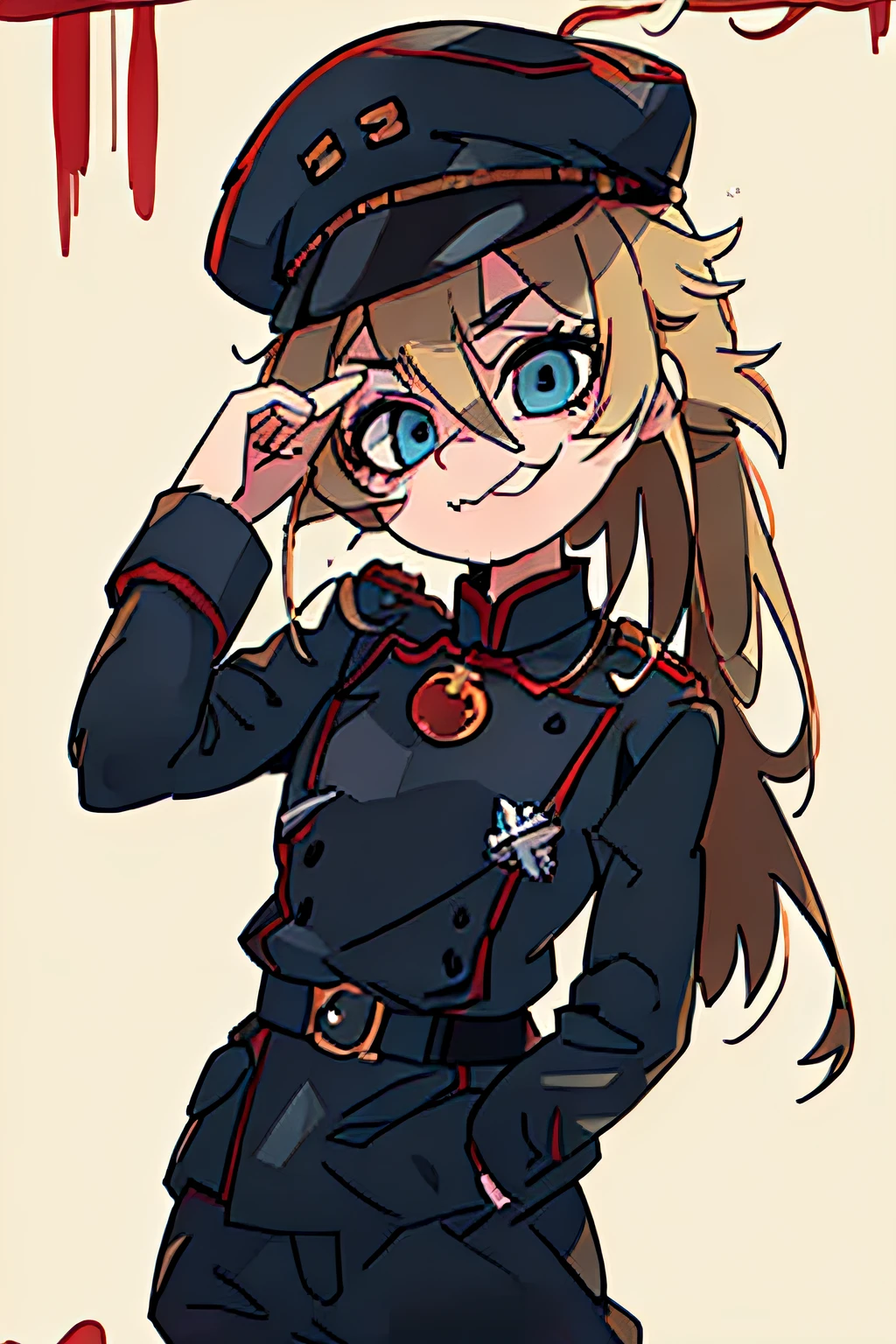 (masterpiece, best quality: 1.2), Solo, 1girl, tanya , looking at viewer, different poses, red eyes,( long hair, completely black) hair, reference to the outfit of a WWII German general World War, black long sleeves (best quality), scar on face, pretty eyes, has only 2 arms, has war medals on his clothes, Black Military Cap, Golden Eagle Medal on Clothing, (Wallpaper), (8K HD), (8K HD), Golden Shoulder Pads, Sprites, 1 Single Design (masterpiece, best quality: 1.2), Solo, 1girl, Tanya \(Youjo senki\), looking at viewer, smile, happy, different poses, eyes red,( long hair, completely black) hair, reference to a German general's clothing from World War II,