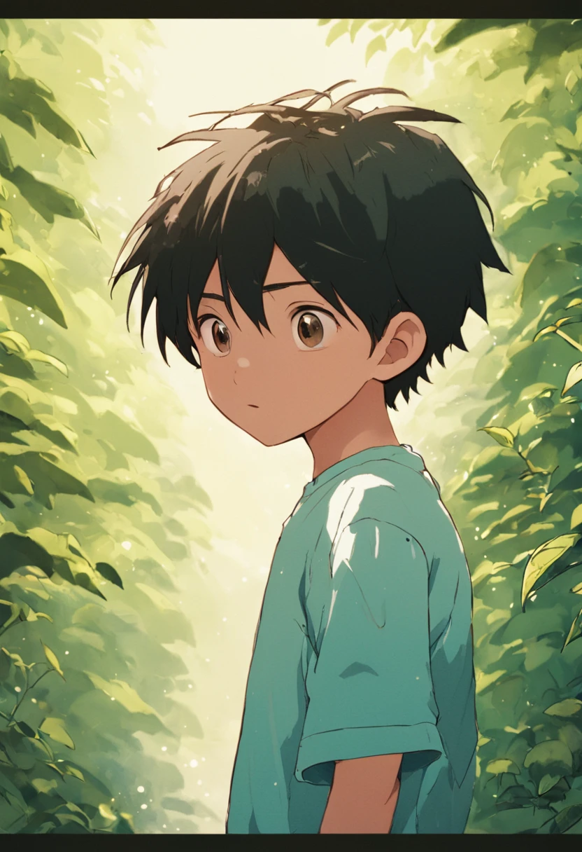 A -6 year-old boy standing in a garden, black hair, brown eyes, white t-shirt, blue shorts, feliz, feliz, qualidade perfeita, foco claro (Detalhes intrincados) (8K) (Detalhe Olho) (foco nítido), (Feliz) correndo dentro do jardim