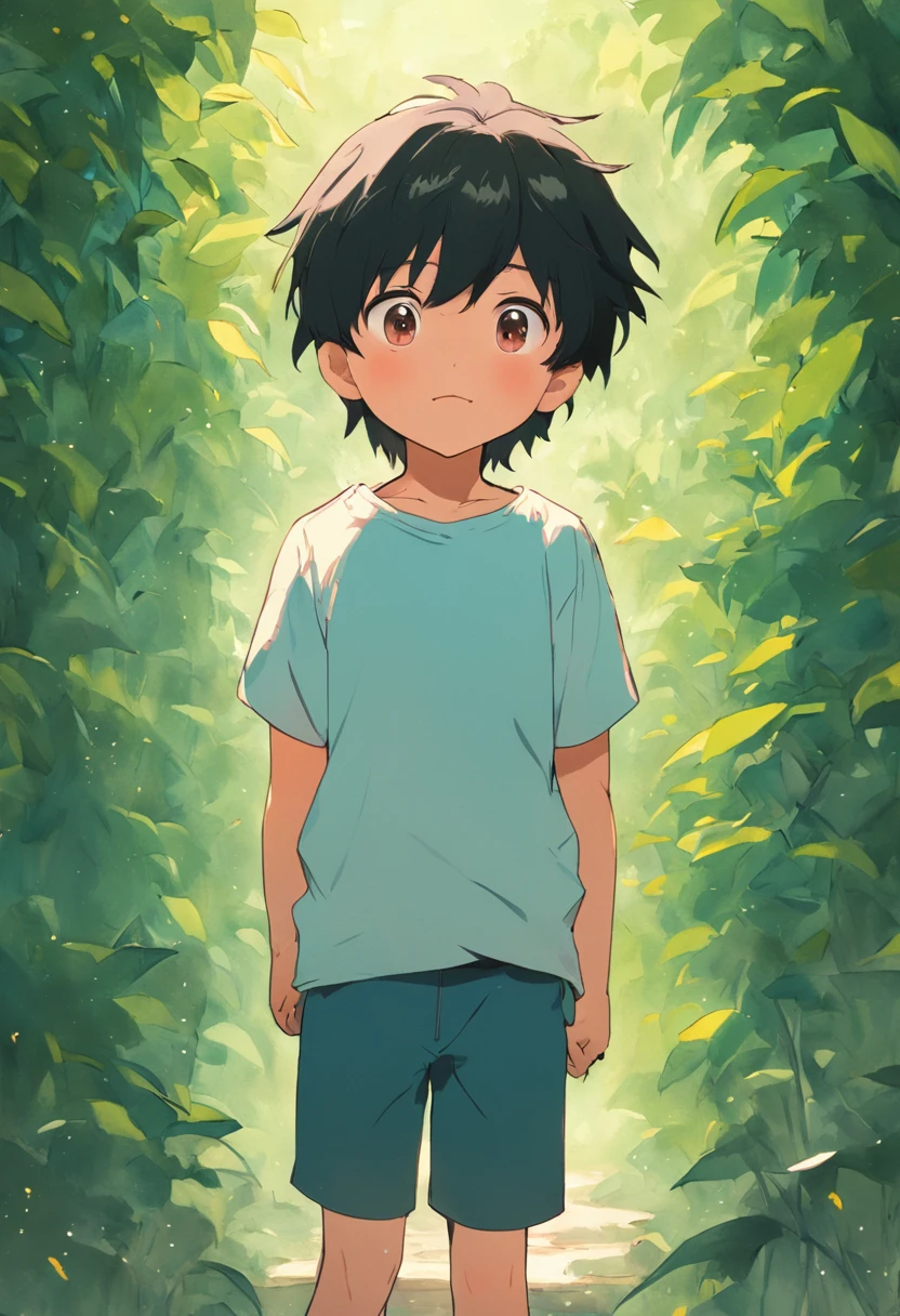 A -6 -old standing in a garden, black hair, brown eyes, white t-shirt, blue shorts, feliz, feliz, qualidade perfeita, foco claro (Detalhes intrincados) (8K) (Detalhe Olho) (foco nítido), (Feliz) correndo dentro do jardim