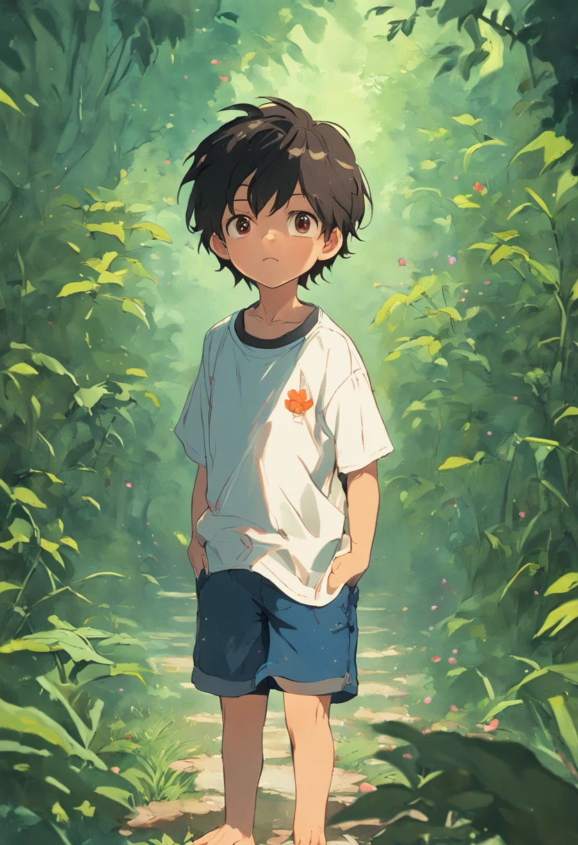 A -6 -old standing in a garden, black hair, brown eyes, white t-shirt, blue shorts, feliz, feliz, qualidade perfeita, foco claro (Detalhes intrincados) (8K) (Detalhe Olho) (foco nítido), (Feliz) correndo dentro do jardim