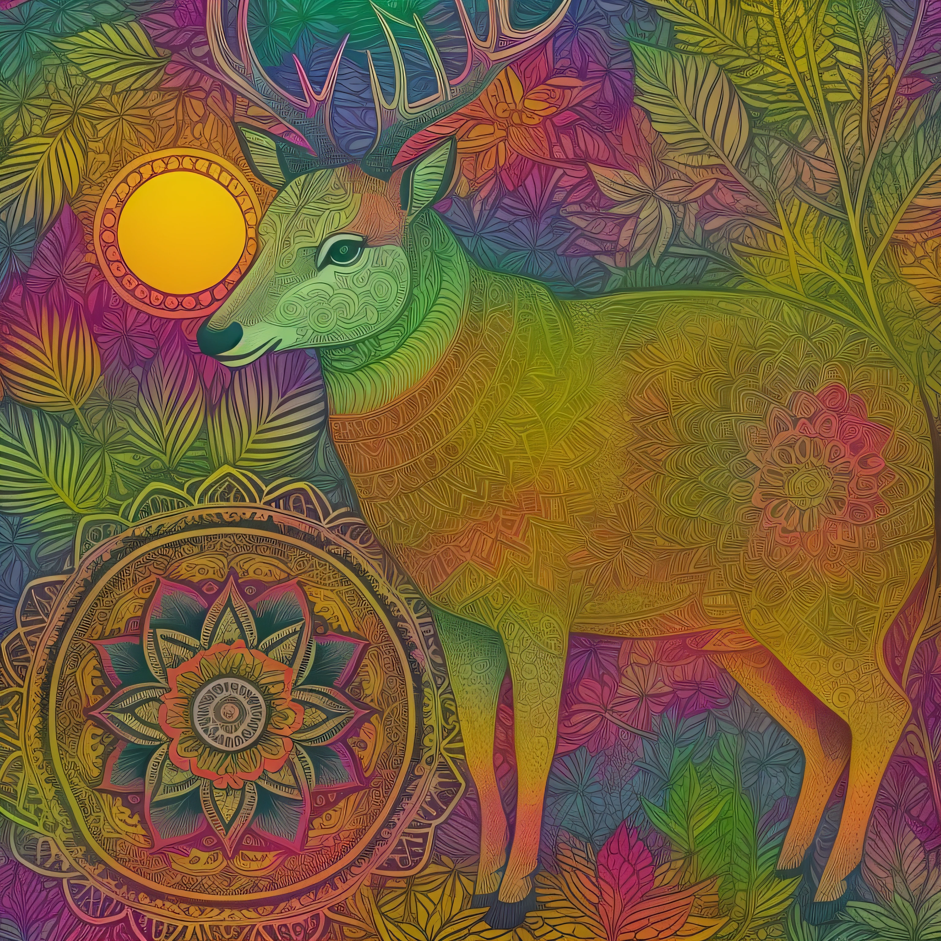Ezo deer、vector art, psychedelic、EZO Deer logo、Deer line art logo, husband and wife、Colored leaves、cherry trees、naturey、the setting sun, sun set、Full of life,hightquality、mandala(mandalas)、psychedelic aesthetic、3 pastel colors, verdant、simple 、It features a simple、Coexistence、placid