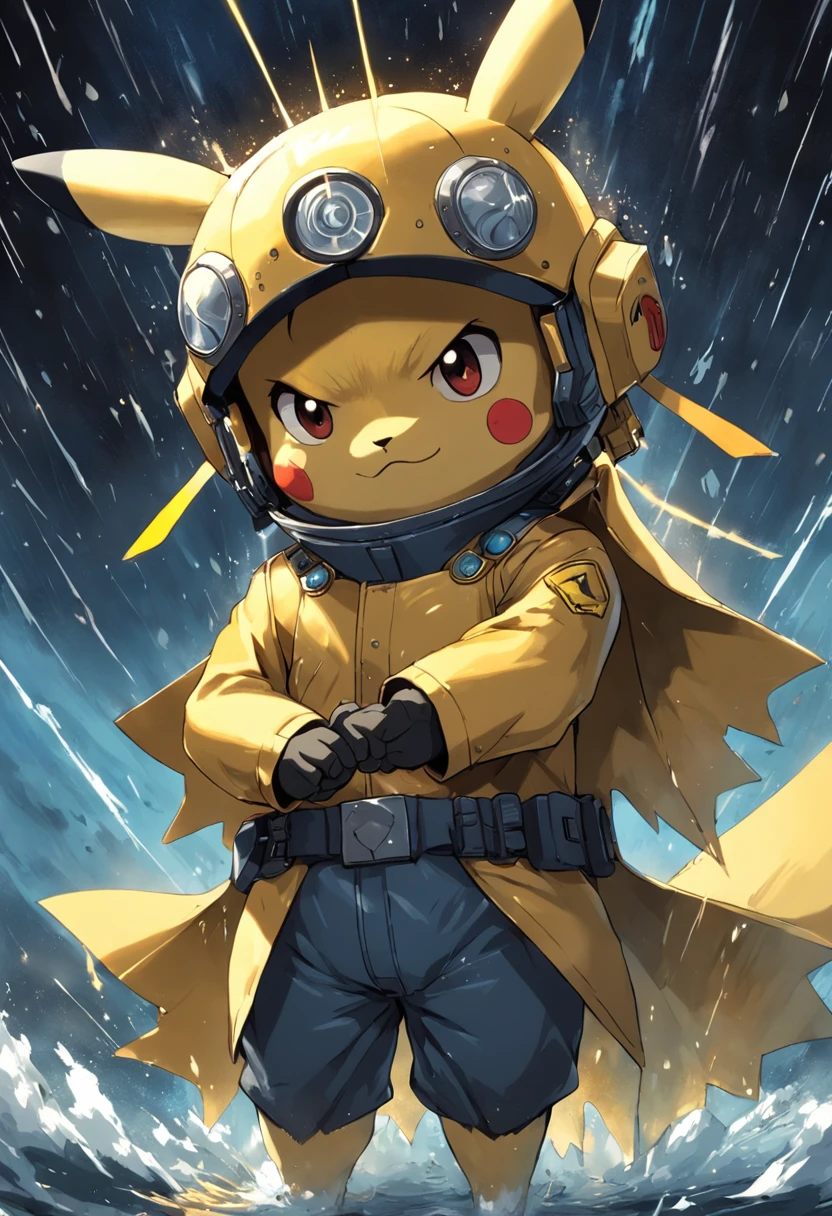 master part,best quality, illustration, Pikachu vestindo traje espacial,Belo brilho detalhado,(Chamas de guerra:1.2),(nuclear explosion hides:1.3),chuva,Detailed lighting,detailed water,(belos olhos detalhados:1.1),no expression,