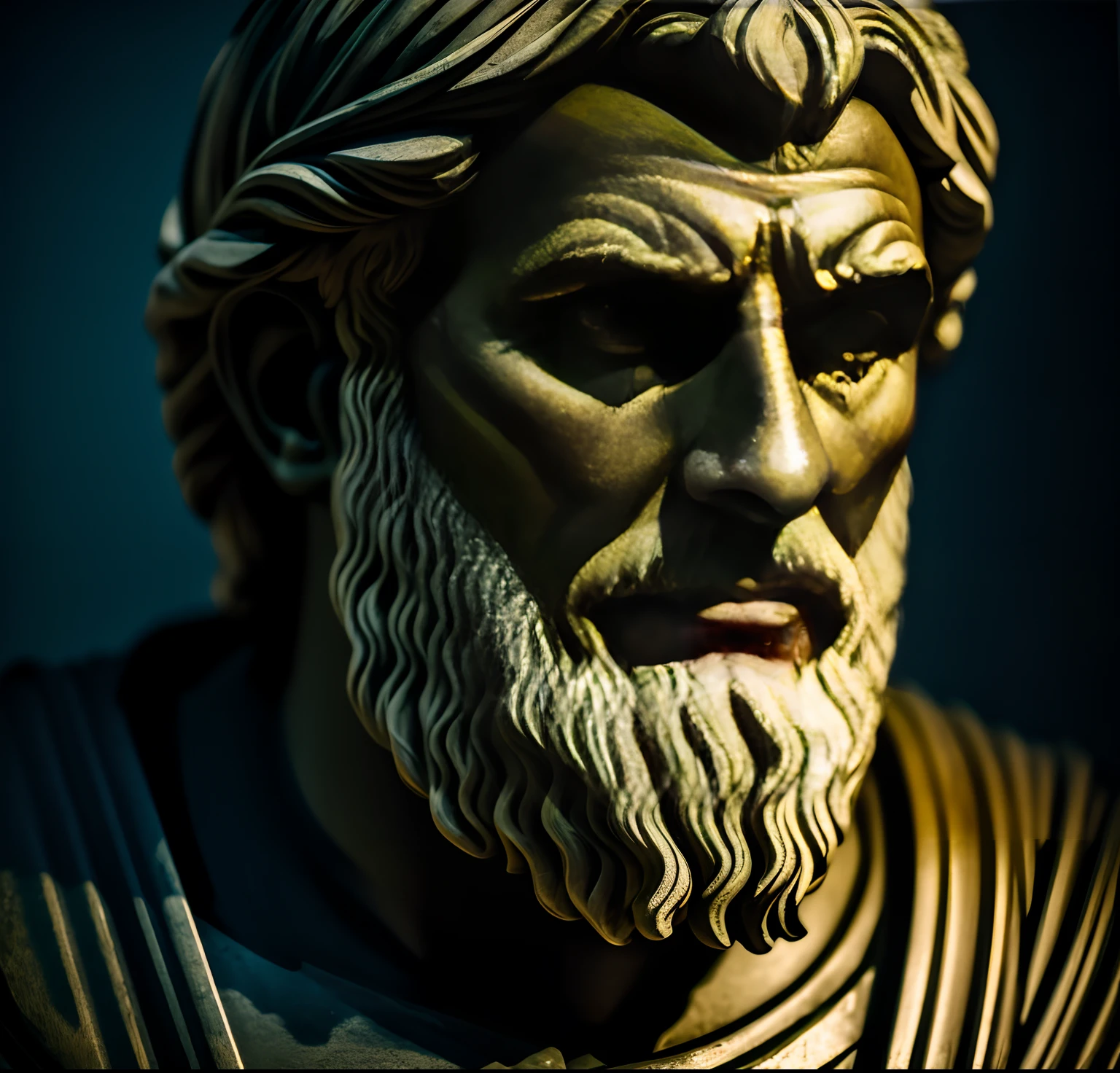 deus grego, Stoic philosopher, Seneca, graves, serious and considerate countenance, village leader, cinematografia, Epic light and shadow with plenty of contrast, fotografia profissional, .RAW, UHD, fundo preto, escuro ao fundo, fundo desfocado, luz neon sem fundo
