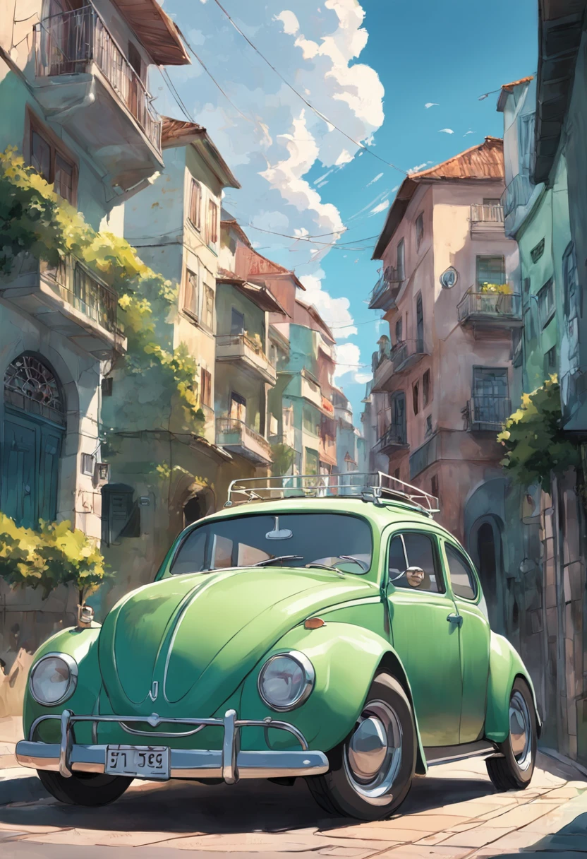 vista externa, um tiro largo, um tiro largo e cheio, vista frontal, Vista exterior, Tiroteio interessante, do lado de fora de uma casa, visto de fora, Medium Wide Shot, Front view, Adobe Illustrator, imagem vetorial de um carro verde claro, modelo Volkswagen fusca 1950, Car proportional to the area , carro no centro da imagem sem cortes, em frente a uma praia no Caribe, com palmeiras, Old buildings of Havana, ::n_baixa qualidade, boneco, anime, imperfeito, Texto, assinatura.