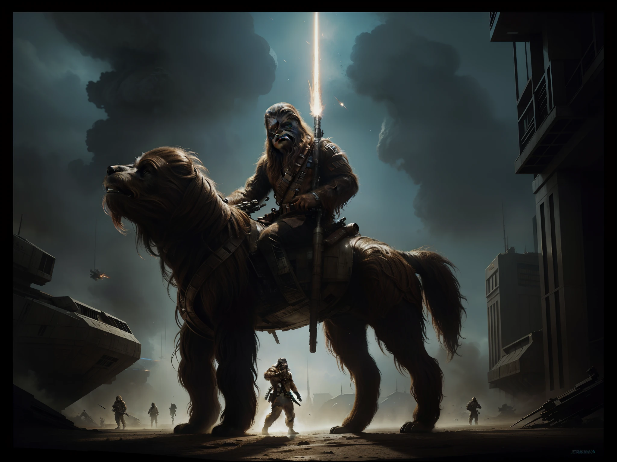 Chewbacca From The Movie Star Wars Cover art by Jeremy Geddes, Frank Frazetta and robert McGinnis, insanely detailed, concept art by Ismail Inceoglu, Leonardo da Vinci and Mario Dubsky, fine art, dramatic light, sharp focus, high contrast, gorgeous, hypermaximalist