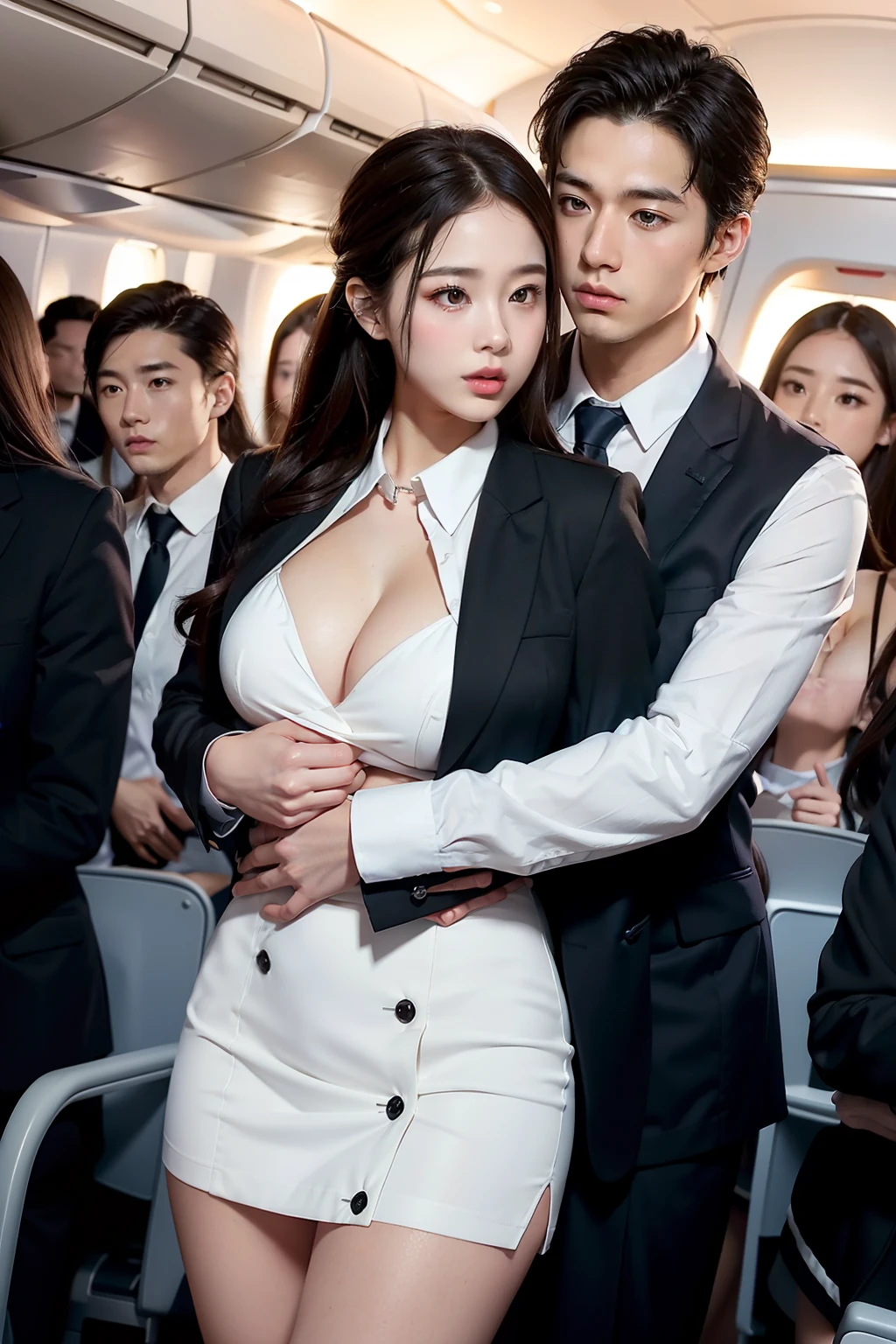 (in 8K、Raw photography、Highest Quality、realisitic、Photorealsitic、Professional Lighting、masterpiece、extremely delicate and beautiful、Highly detailed、finely detail、ultra-detailliert、hight resolution、full-shot)、SFW、Detailed scenario of a very crowded cabin、(((On the plane)))、1girl in、1 Flight attendants、Beautiful female flight attendant(woman 1)ha、Wearing a flight attendant uniform、Beautiful face:1.5、Model body type、small tits、All passengers except one female are male.........:3、Young man in suit、(woman 1)Touching the body of、Young men(woman 1)hug from behind、Young men(woman 1)Touching the chest of、Young men(woman 1)Flip up the skirt of、Black panties are visible、NSFW、