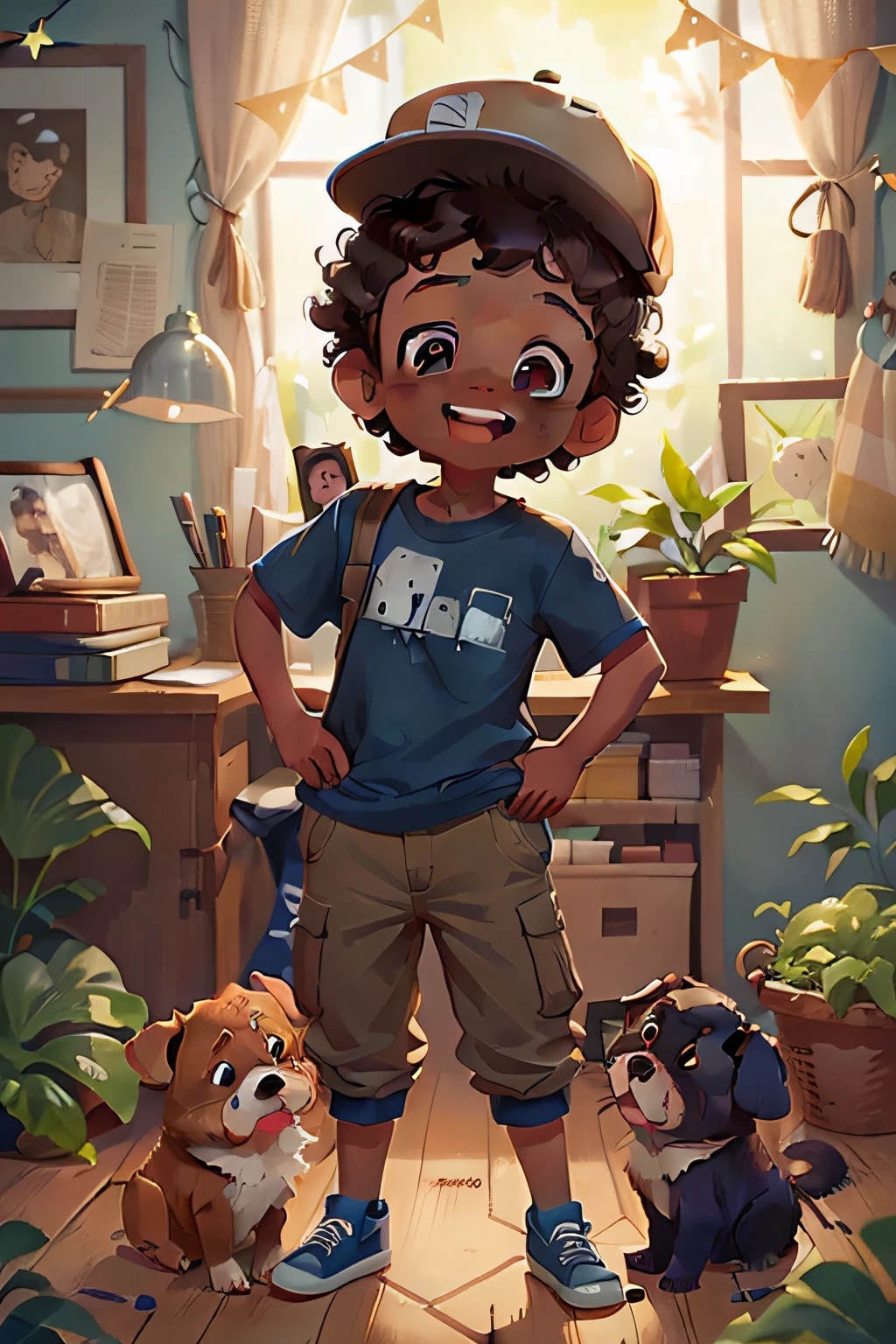 A little boy, 8 years old, curly hair, dark skin, wearing khaki pants, blue shirt, cap, curious and kind look, kind, happy and smiling, peting dogs
