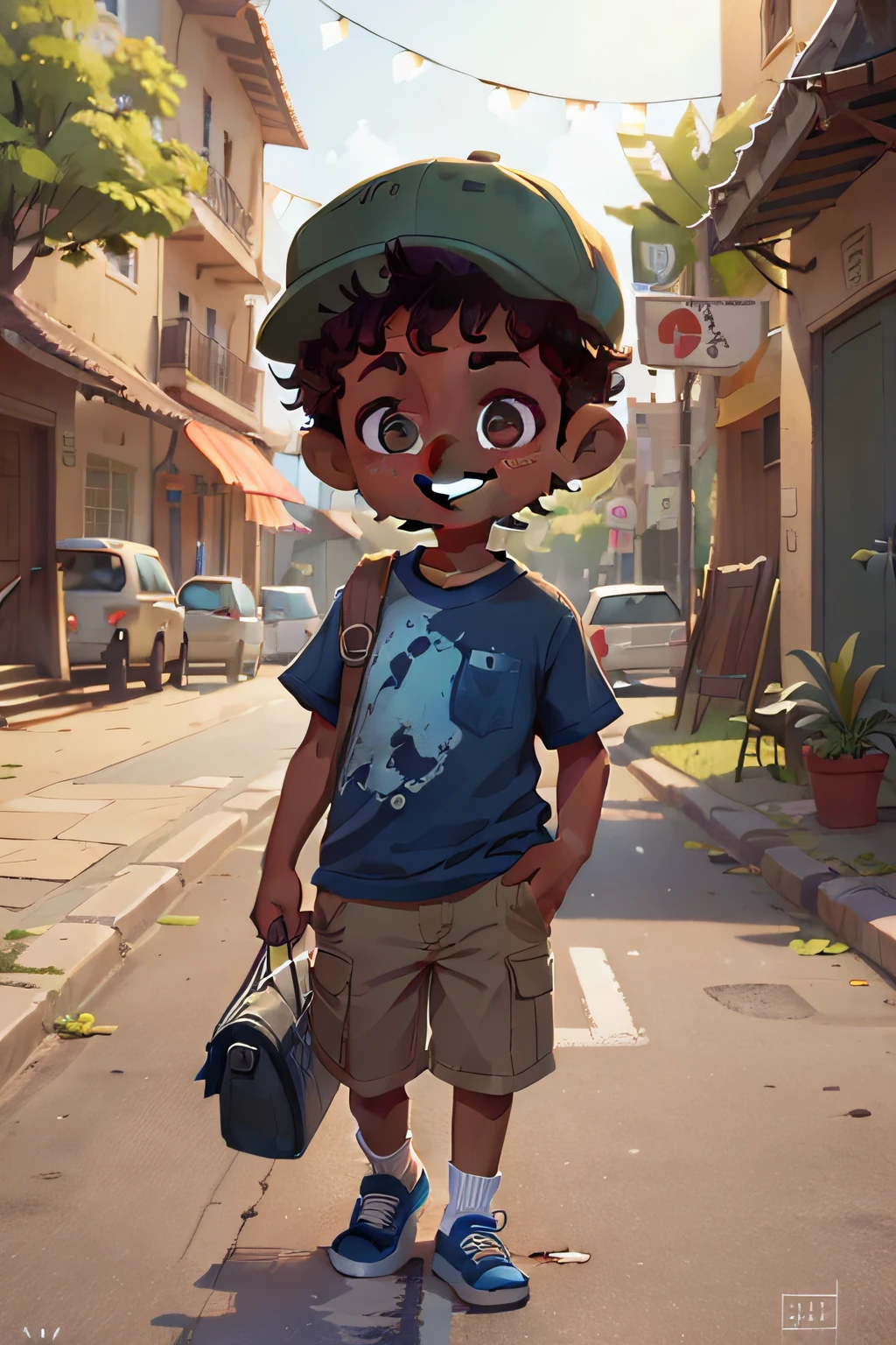 A boy, 8 years t curly hair, dark skin, wearing khaki pants, blue shirt, cap, curious and kind look, kind, happy and smiling, walking down the street