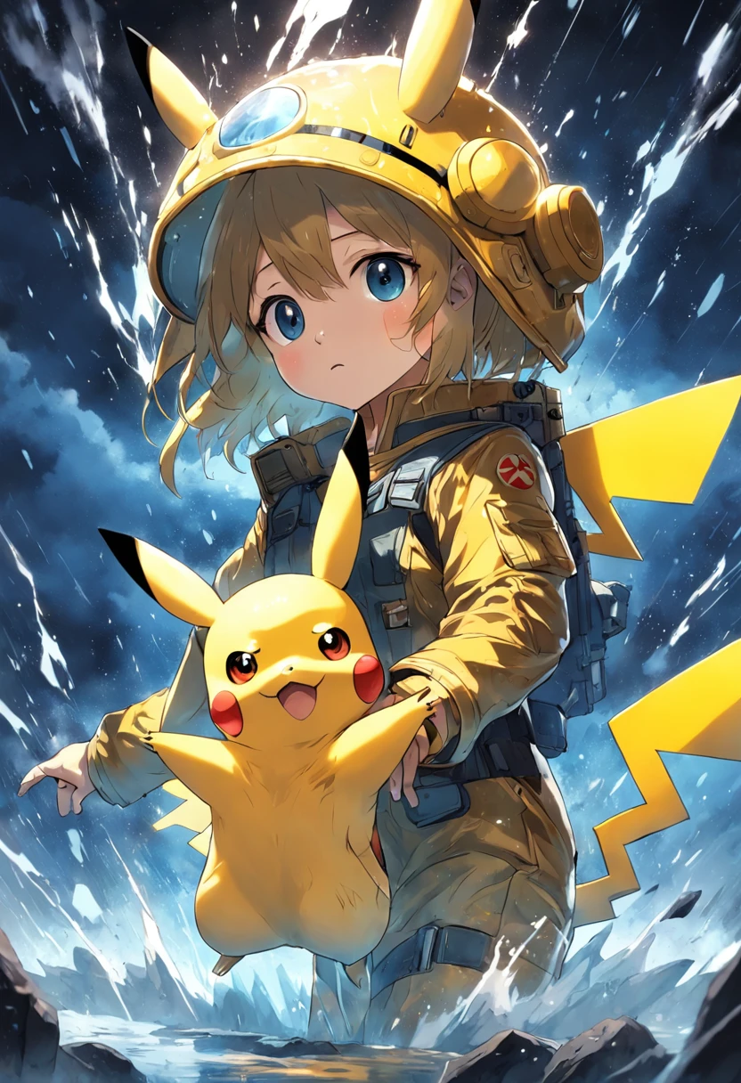master part,best quality, illustration, Pikachu vestindo traje espacial,belo brilho detalhado,(chamas de guerra:1.2),(The nuclear explosion is hidden:1.3),Chuva,Detailed lighting,detailed water,(belos olhos detalhados:1.1),no expression,