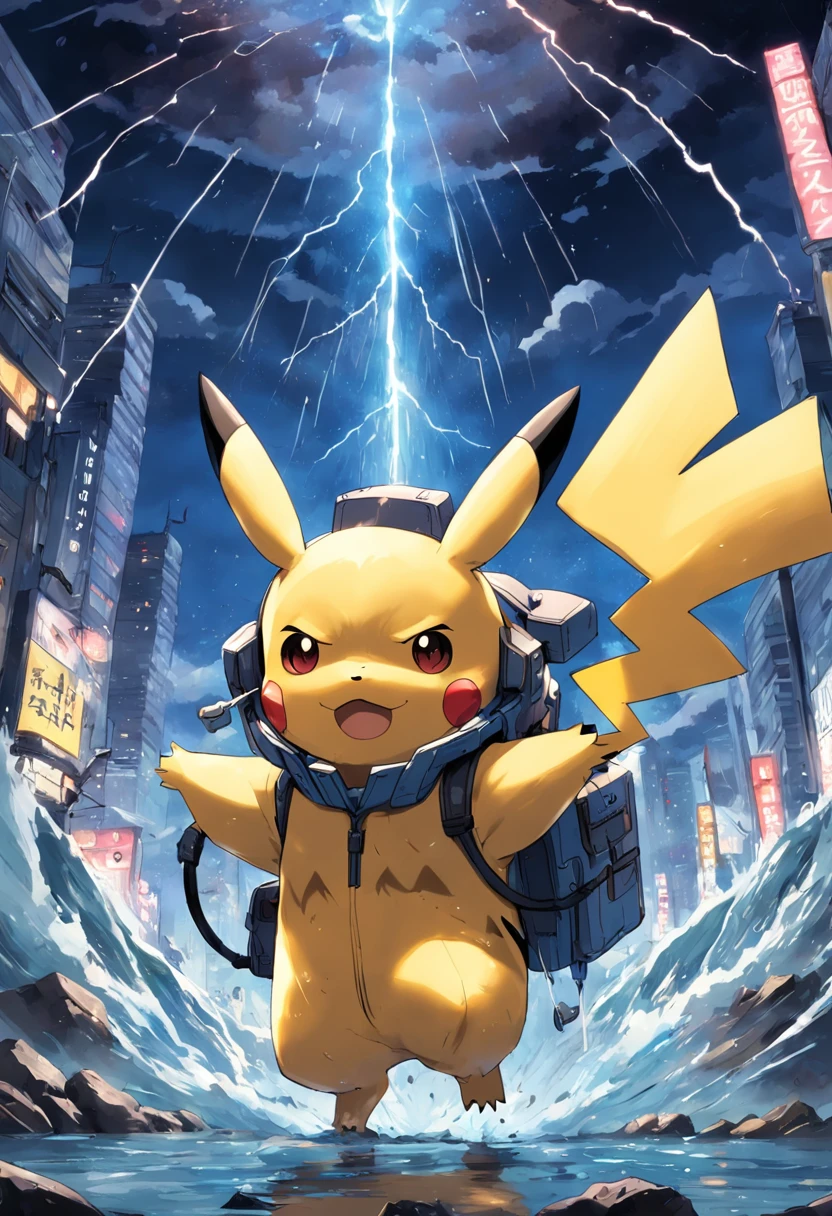 master part,best quality, illustration, Pikachu vestindo traje espacial,belo brilho detalhado,(chamas de guerra:1.2),(The nuclear explosion is hidden:1.3),Chuva,Detailed lighting,detailed water,(belos olhos detalhados:1.1),no expression,