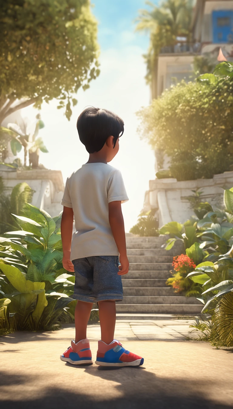 A -6 year-old boy standing in a garden, black hair, brown eyes, white t-shirt, blue shorts, feliz, feliz, qualidade perfeita, foco claro (Detalhes intrincados) (8K) (Detalhe Olho) (foco nítido), (Feliz) correndo dentro do jardim. play chess forest