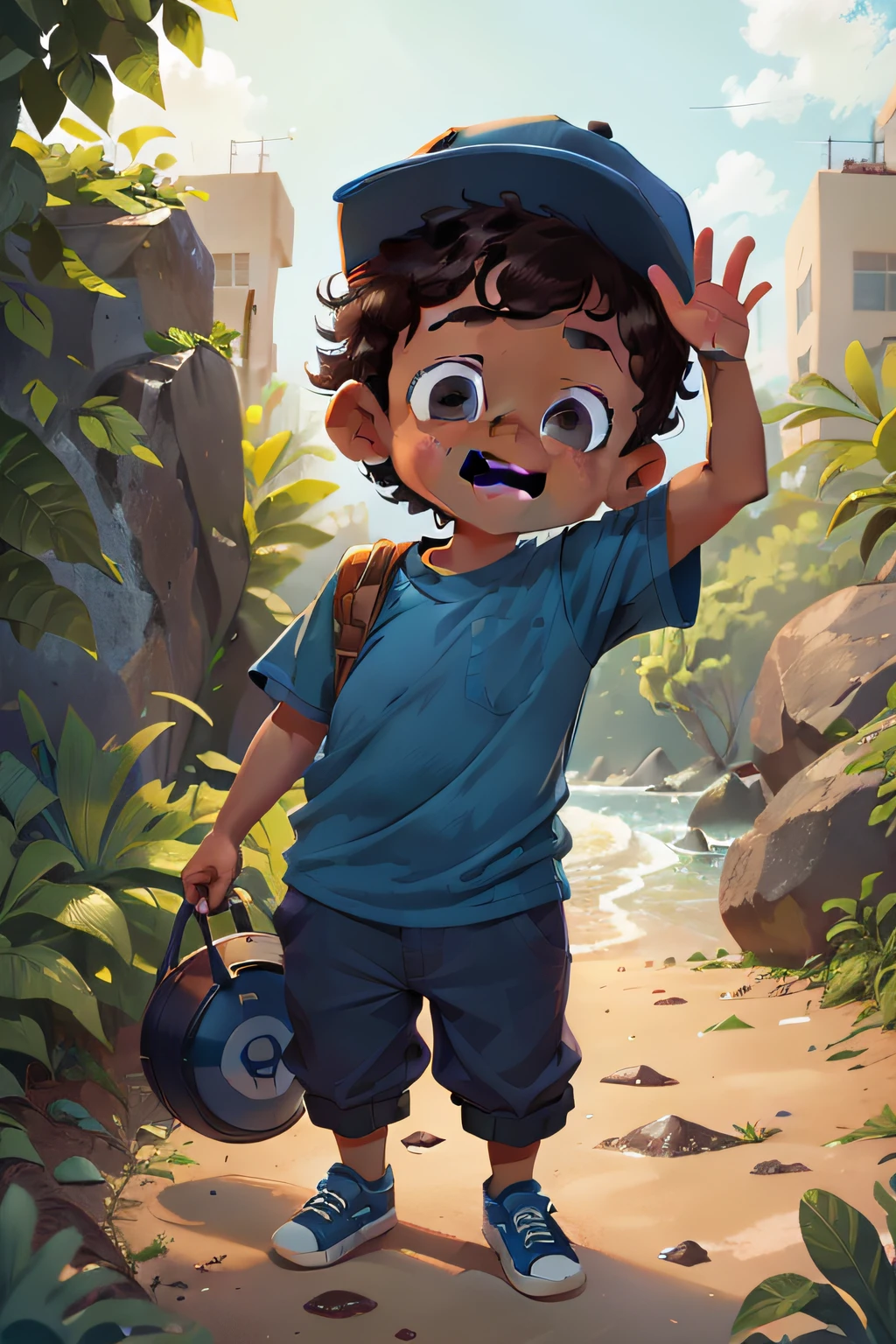 A little boy, 8 years old, short curly hair, dark skin, wearing khaki pants, blue shirt, cap, curious and kind look, kind, happy and smiling, greeting people with a wave