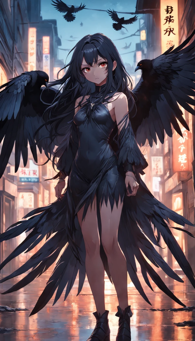 masterpiece, best quality, movie still, 1girl, monstergirl, crow woman, full body, portrait, detailed (eyes), long (hair), perfect body, proportional body, crow|raven wings, deep look, (short dress and pants), close-up, cold soft lighting, sunset, (aura:0.7)