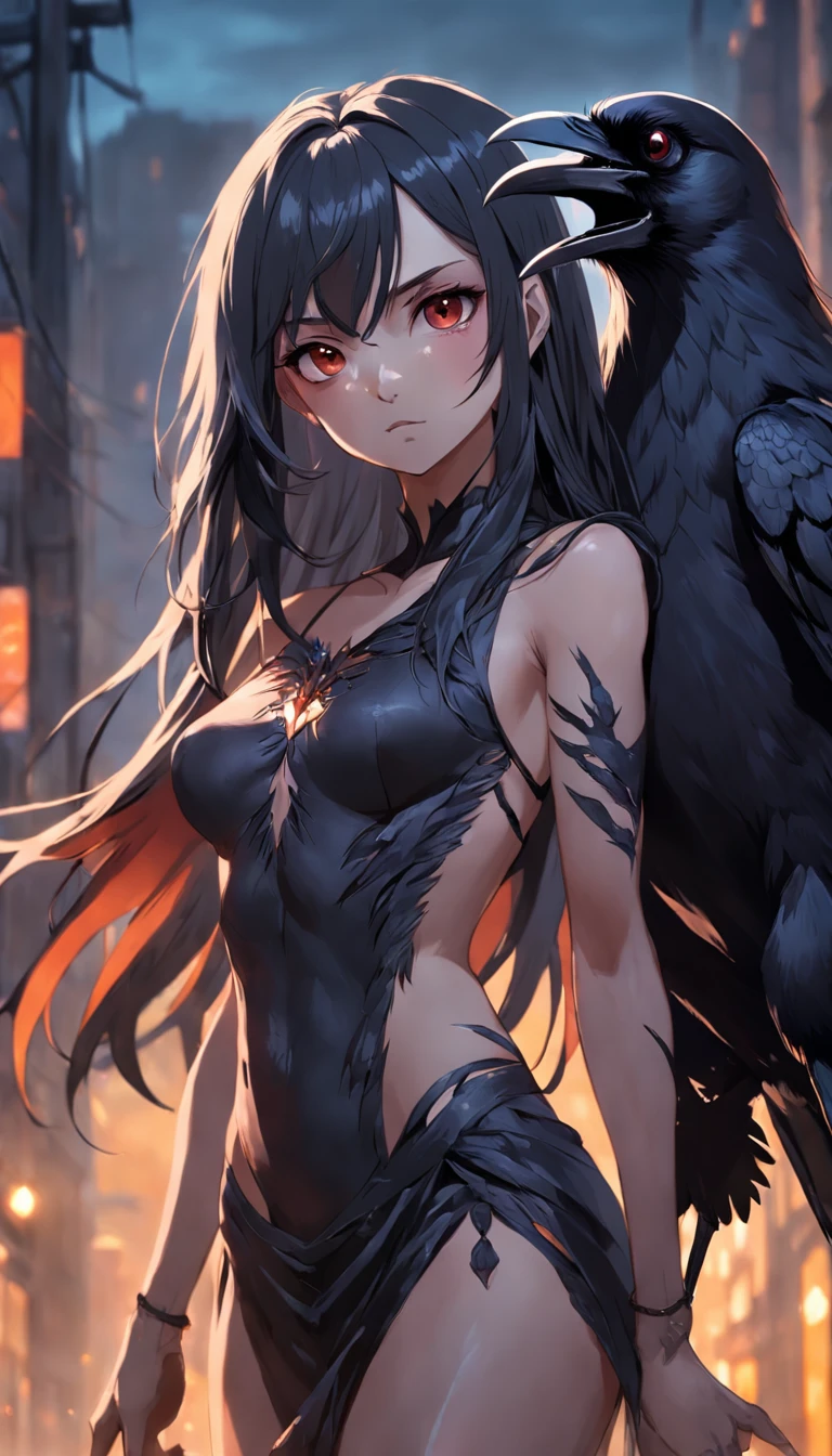 masterpiece, best quality, movie still, 1girl, monstergirl, crow woman, full body, portrait, detailed (eyes), long (hair), perfect body, proportional body, crow|raven wings, deep look, wearing (short dress and (pants:1.1)), close-up, cold soft lighting, sunset, (aura:0.7)
