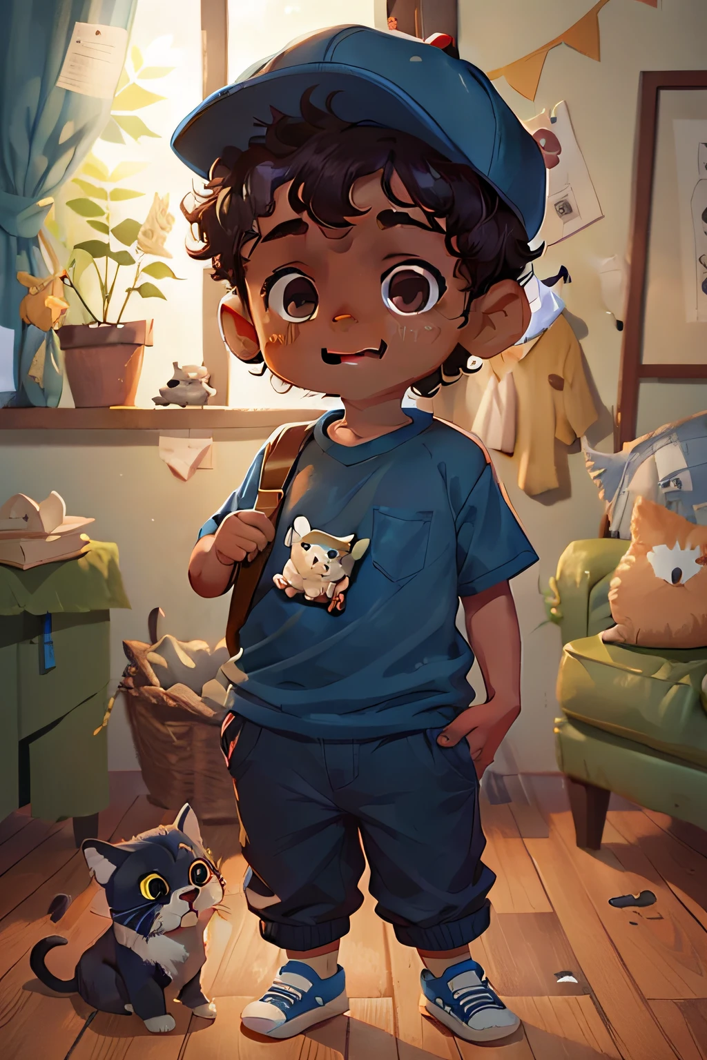 A little boy, 8 years old, short curly hair, dark skin, wearing khaki pants, blue shirt, cap, curious and kind look, kind, happy and smiling, holding a cat