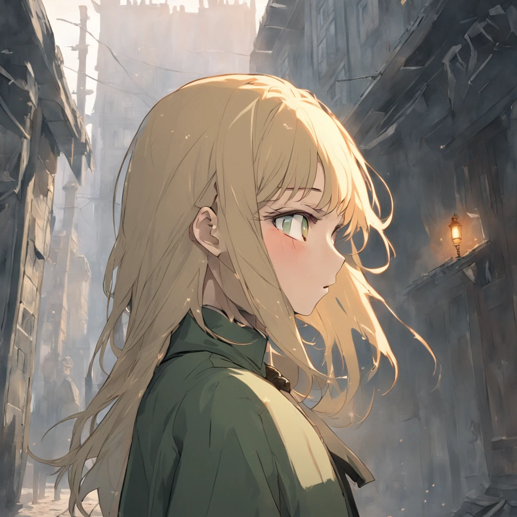 Lonely young adult girl, Tall stature, little chest, Slavic appearance: Green eyes; blond hair; sharp facial features; dimple on the chin; Straight nose; high nose; pronounced high cheekbones; high forehead, stands upright, military uniform: gray double-breasted overcoat; gray pants, full length, black leather gloves, in the middle of the street, Background: A street with a stone paved road with European stone houses from the first half of the 20th century, High quality shadows, High quality of light, High quality clothing, Masterpiece picture quality, max detail, Masterpiece quality.