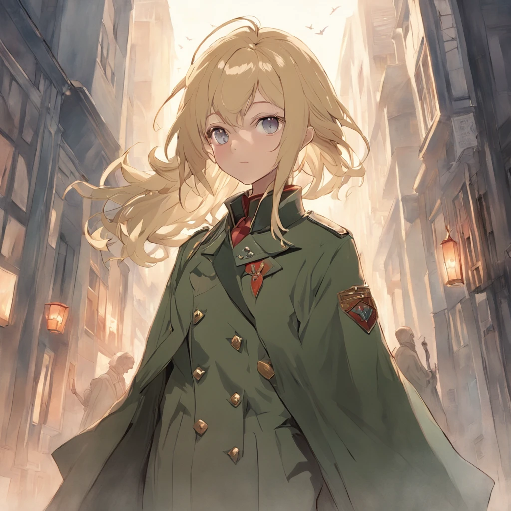Lonely young adult girl, Tall stature, little chest, Slavic appearance: Green eyes; blond hair; sharp facial features; dimple on the chin; Straight nose; high nose; pronounced high cheekbones; high forehead, stands upright, military uniform: gray double-breasted overcoat; gray pants, full length, black leather gloves, in the middle of the street, Background: A street with a stone paved road with European stone houses from the first half of the 20th century, High quality shadows, High quality of light, High quality clothing, Masterpiece picture quality, max detail, Masterpiece quality.