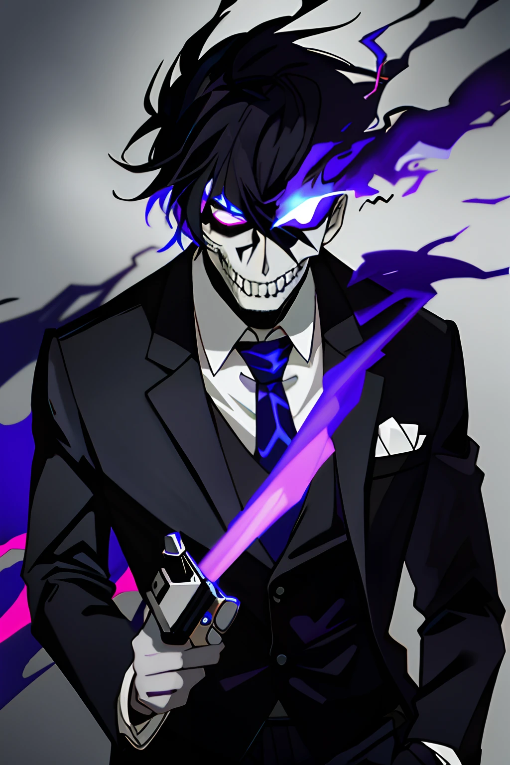 solo, tie, black suit, upper body, black pants, purple fire with blue details, skull with red smoke with purple and blue details, blue fire on the skull, dark negative aura around, bloodthirsty look, purple pupils coming out smoke, holding a revolver, tie half blue half purple, one slit eye