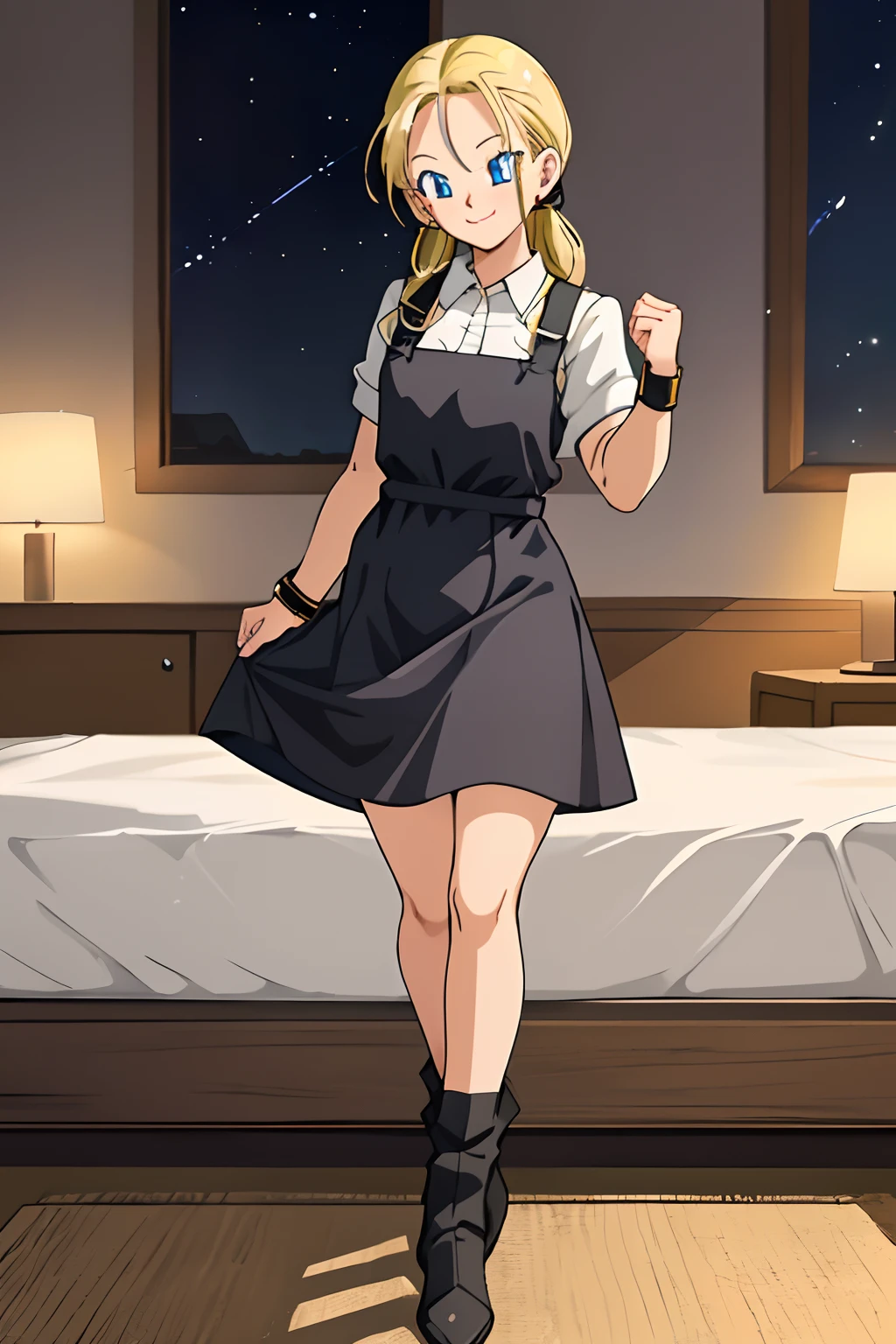 (((Android 18))), masterpiece, best quality, cowboy shot, 1girl, solo, saiyan armor, armor, black skirt, dress, wristband, black pantyhose, leggings, boots, bedroom background, indoors, nighttime, smile, happy, (Huge Breasts), wide hips, curvy, thin waist, looking at viewer, bare shoulders, blonde hair, medium hair, full Body