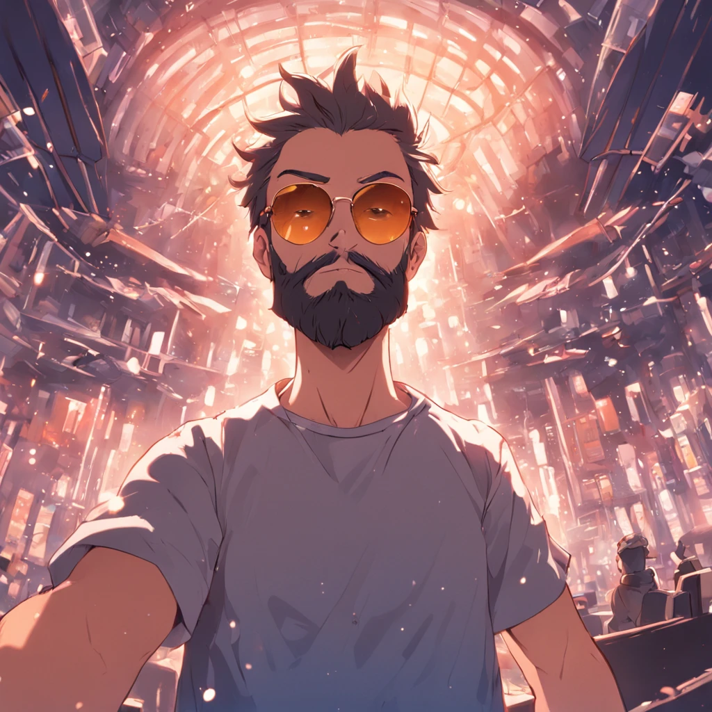 there is a man with a beard and sunglasses taking a selfie, cabelos e barba prateados, Futuristic room, futuristic glasses, 3 6 anos, homem de cabelos grisalhos escuros, medium beard, 38 anos, Homem de 4 0 anos, cabelos grisalhos e barba, 3 2 anos, dentro de uma grande sal