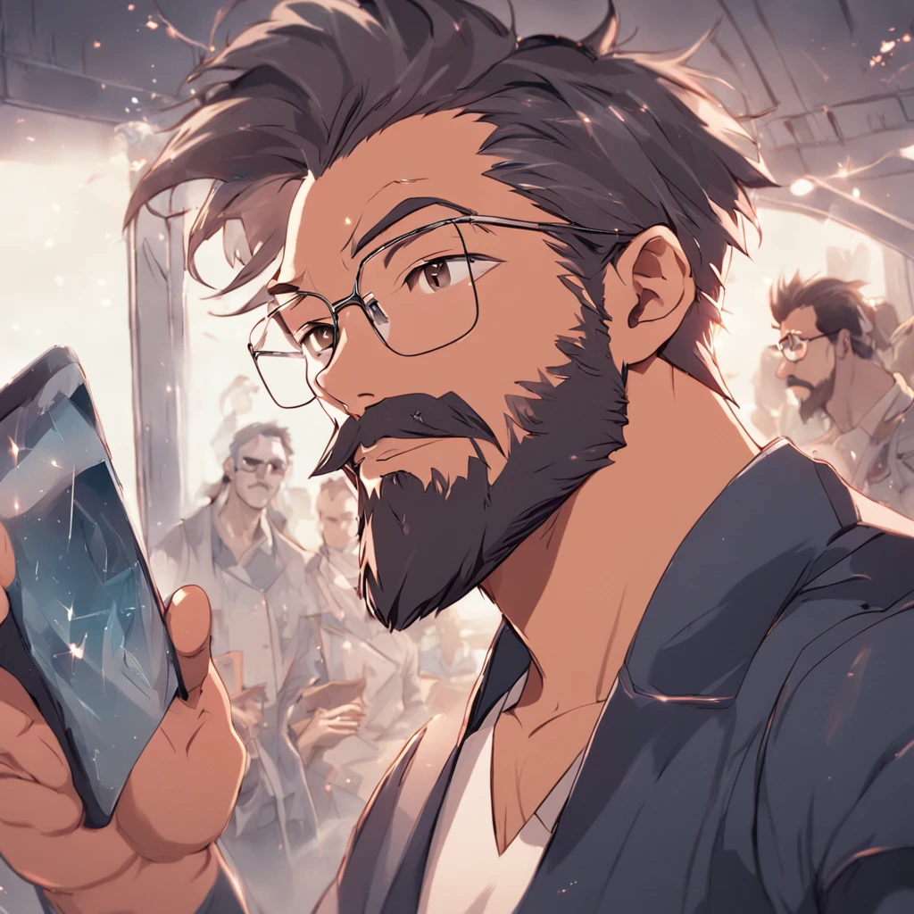there is a man with a beard and sunglasses taking a selfie, cabelos e barba prateados, Futuristic room, futuristic glasses, 3 6 anos, homem de cabelos grisalhos escuros, medium beard, 38 anos, Homem de 4 0 anos, cabelos grisalhos e barba, 3 2 anos, dentro de uma grande sal