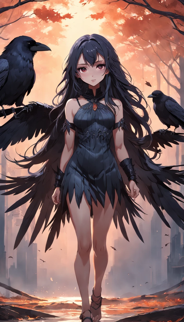 masterpiece, best quality, movie still, 1girl, monstergirl, crow woman, full body, portrait, detailed (eyes), long (hair), perfect body, proportional body, crow|raven wings, deep look, wearing (pants:1.5), close-up, cold soft lighting, sunset, (aura:0.7)