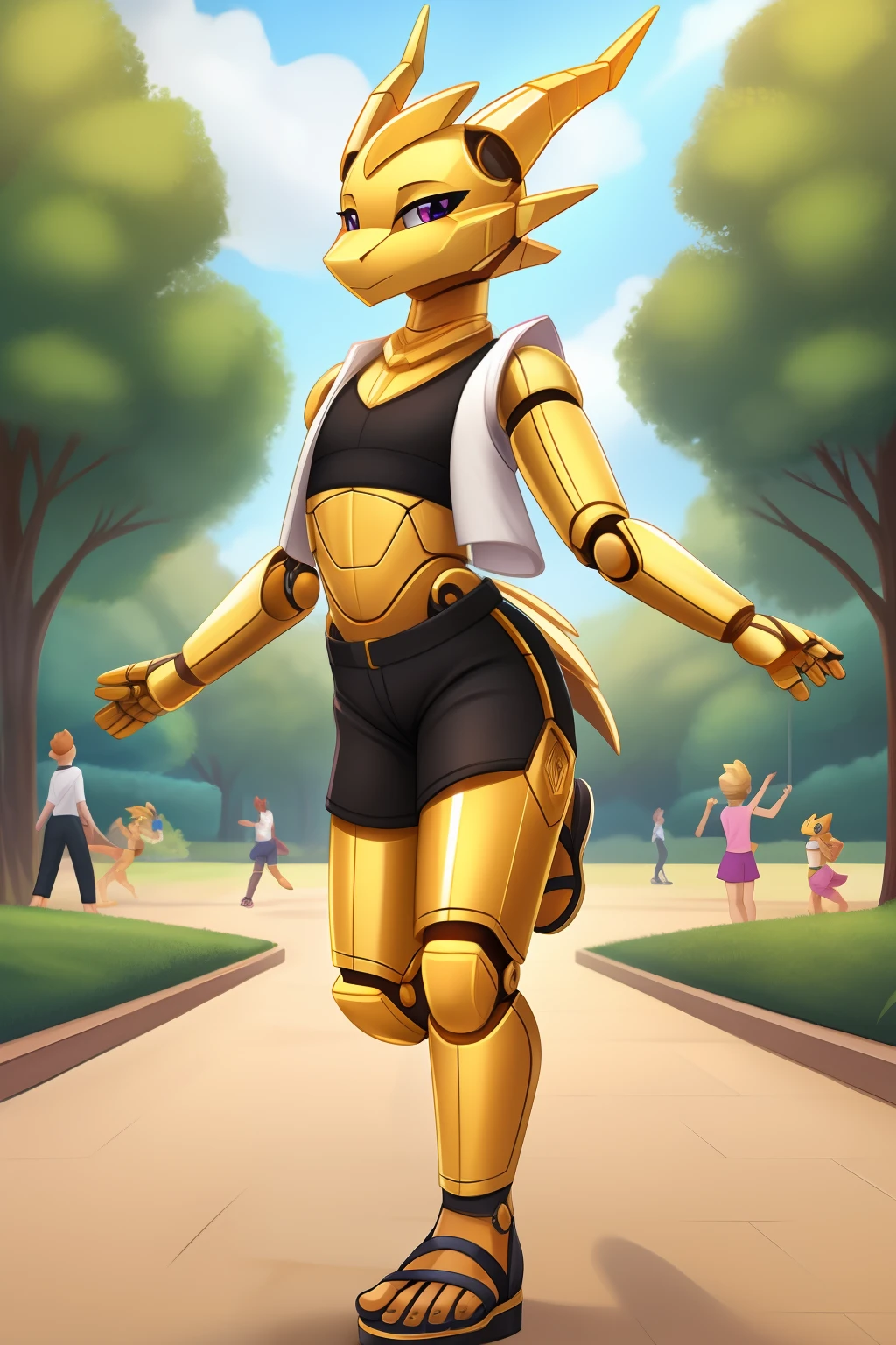 Golden robot dragon，Kizi（9 *********），Wear a white vest，Black  shorts，sandals，Dance in the park