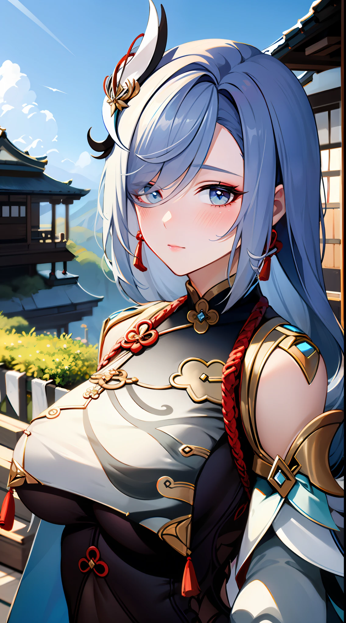 shenhedef, upper body, no expression, blush, outdoors, day, liyue house background, blue sky, short hair, sky, temple, looking at viewer, stairs, mountain, moody lighting,