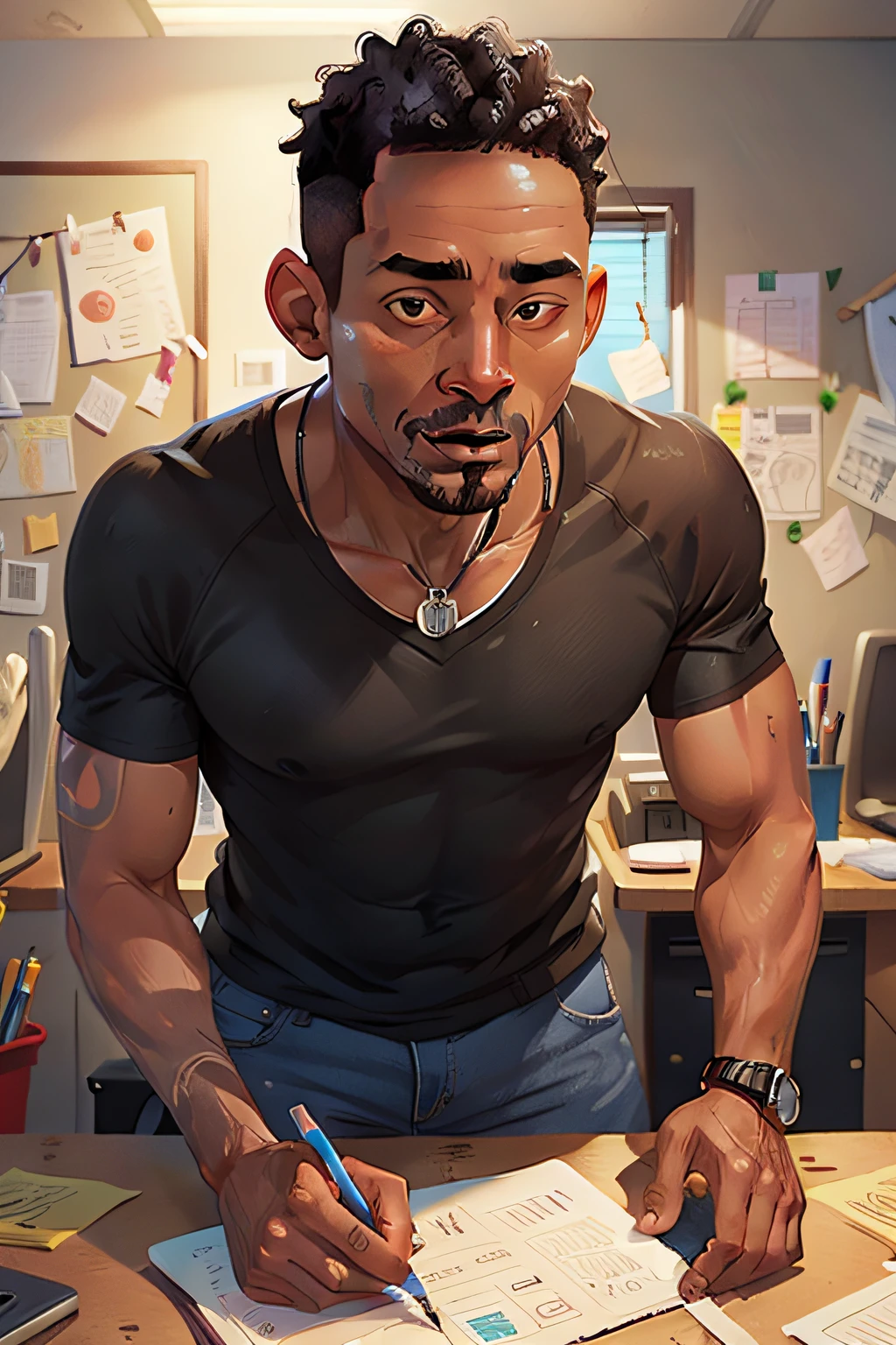 a skinny 40 year old black man,  working ate the office