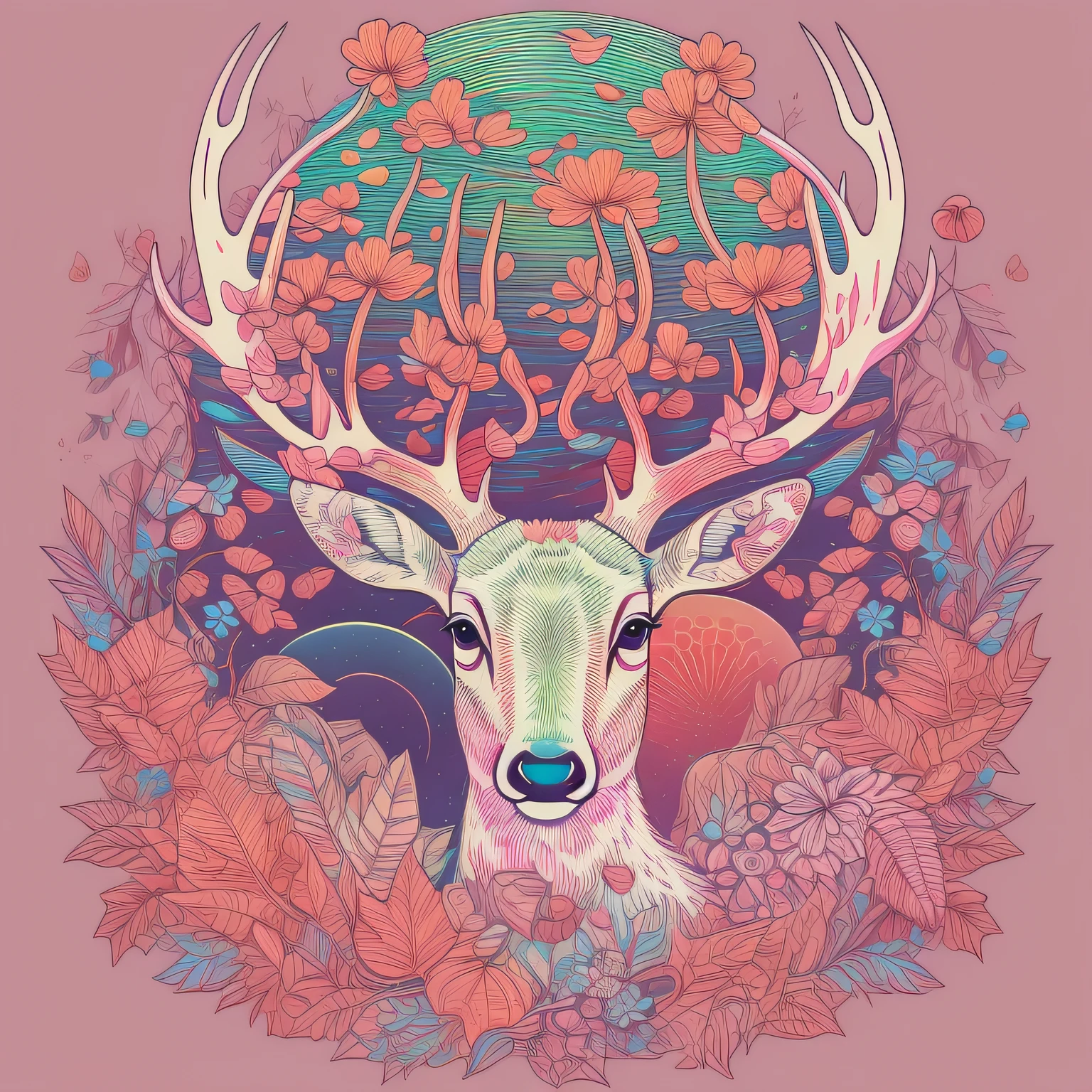 Ezo deer2bolt、husband and wife、Kind face、Lashes long、 psychedelic、EZO Deer logo、Deer line art logo、Colored leaves、cherry trees、naturey、the setting sun、Full of life,hightquality、、psychedelic aesthetic、pastel tetradic colors, It features a simple、character-focused、hand drawn,Living Together、coexistence、placid、T-shirt design