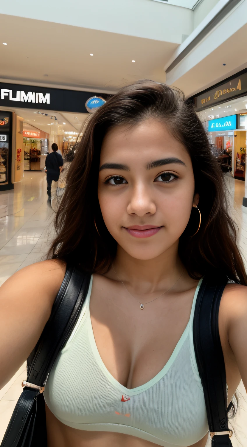 Foto RAW em sequencia, uma foto de uma adolescente 16anos, ((selfie da parte superior do corpo, feliz)), rosto detalhado, planos de fundo detalhados pouco desfocados, luzes naturais, HDR, foto realista, foto profissional, flerte com o espectador, visual sexy, fotorrealista, Linda, pele natural, 8k UHD, alta qualidade, filmic grain, Fujifilm XT3, in a shopping mall