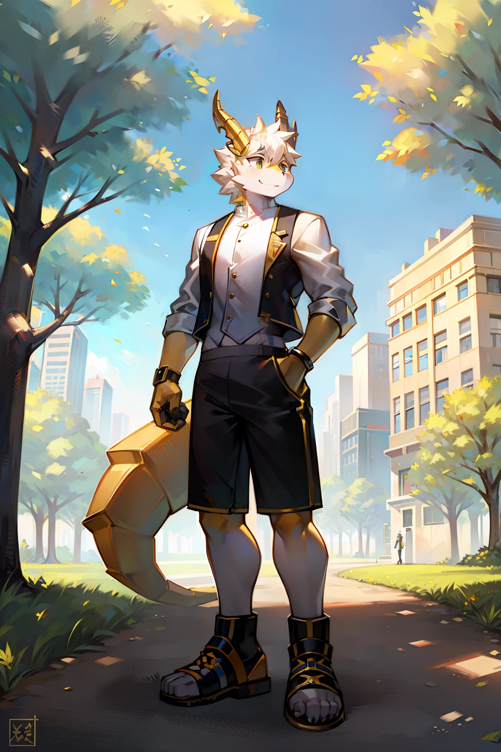 Golden robot dragon,Wear a white vest,Black shorts,sandals,Standing in the park