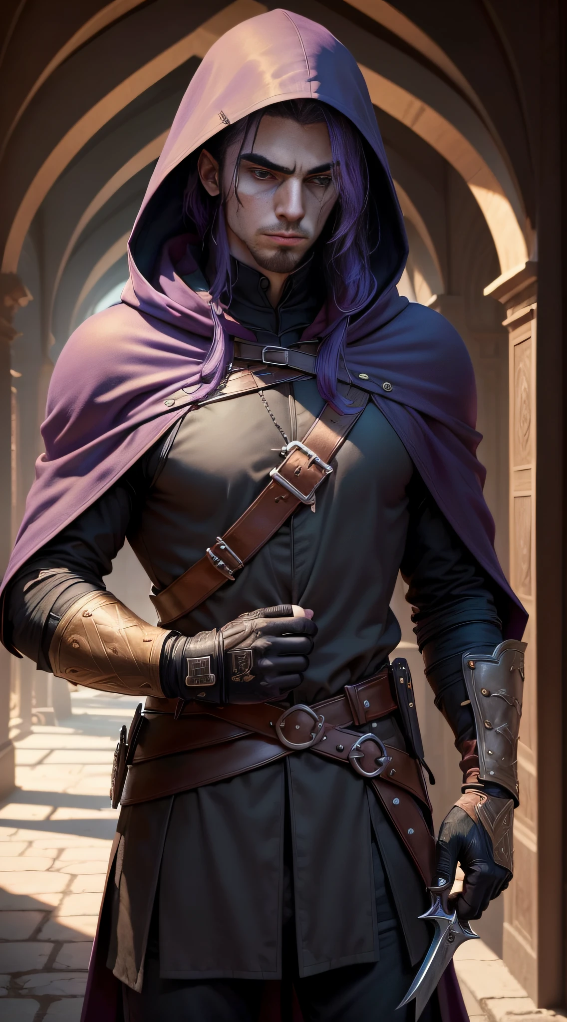 (superfine illustration, Best Quality, Ultra-detailed, medieval:1.5), (proficient male assassin, male focus, solo, unapproachable vibe, Lack of emotional ups and downs, Perfect fingers, Perfect hands:1.5), 25 years old, (toned:0.9), (assassin costume, hooded assassin cloak, fingerless gloves, dual wielding:1.5), empty church background, dusk, male hair, extremely short hair, purple hair, combed-back hair, male face, male eyebrows, sharp eyes, sharp nose, forehead,