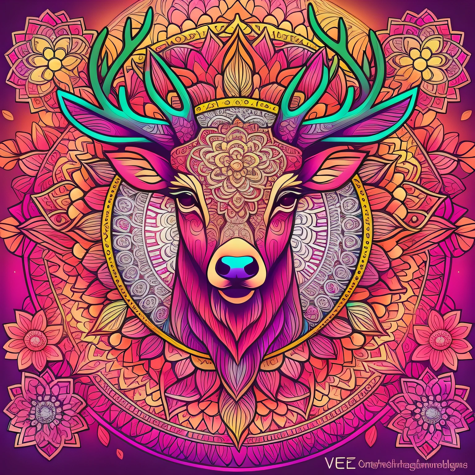 Ezo deer2bolt、Kind face、Lashes long、vector art, psychedelic、EZO Deer logo、Deer line art logo、Colored leaves、cherry trees、naturey、the setting sun, sunset、Full of life,hightquality、mandala(mandalas)、psychedelic aesthetic、3 colour, simple 、It features a simple、Living Together、coexistence、placid