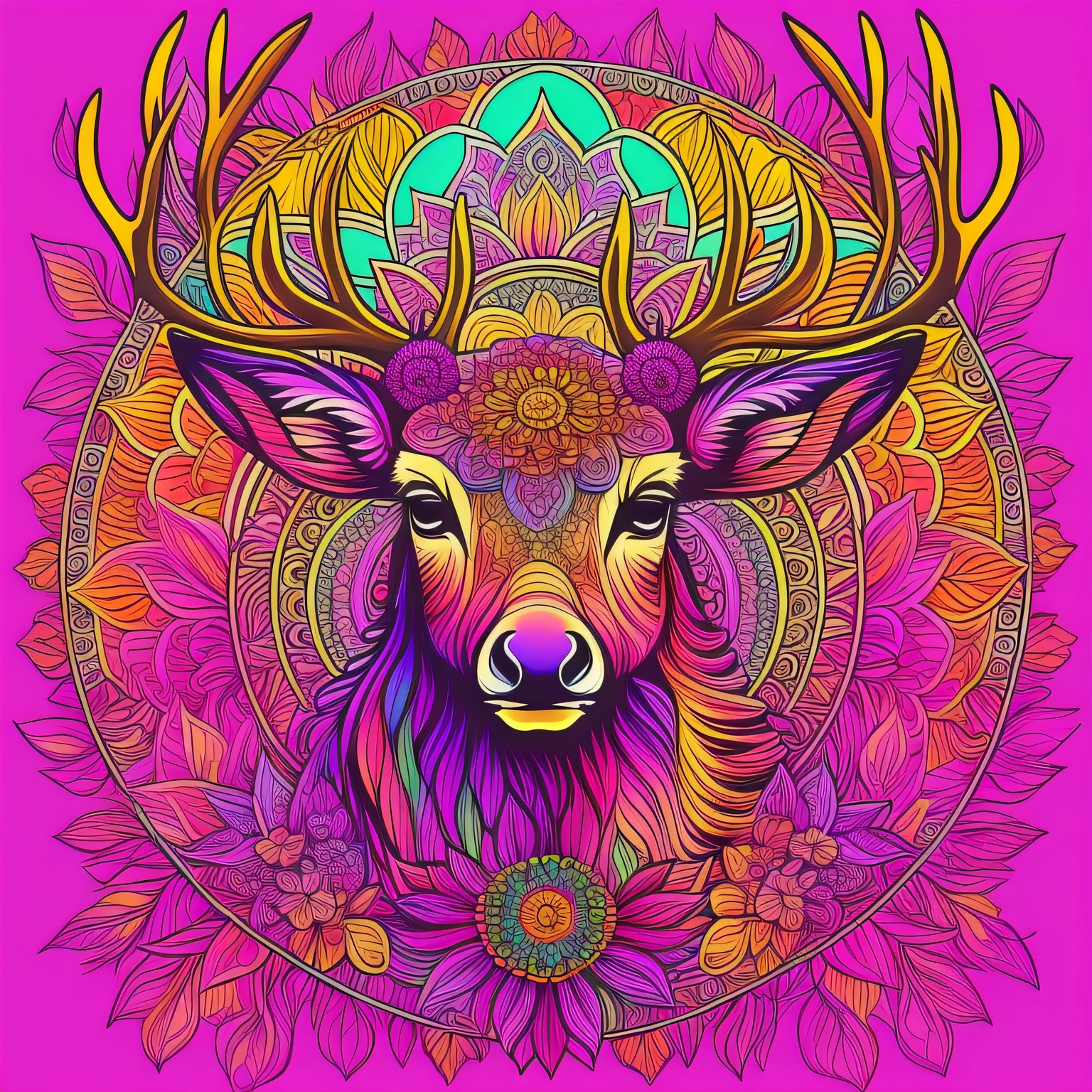 Ezo deer２bolt、Kind face、Lashes long、vector art, psychedelic、EZO Deer logo、Deer line art logo、Colored leaves、cherry trees、naturey、the setting sun, sunset、Full of life，hightquality、mandala(mandalas)、psychedelic aesthetic、3 colour, simple 、It features a simple、Living Together、coexistence、placid