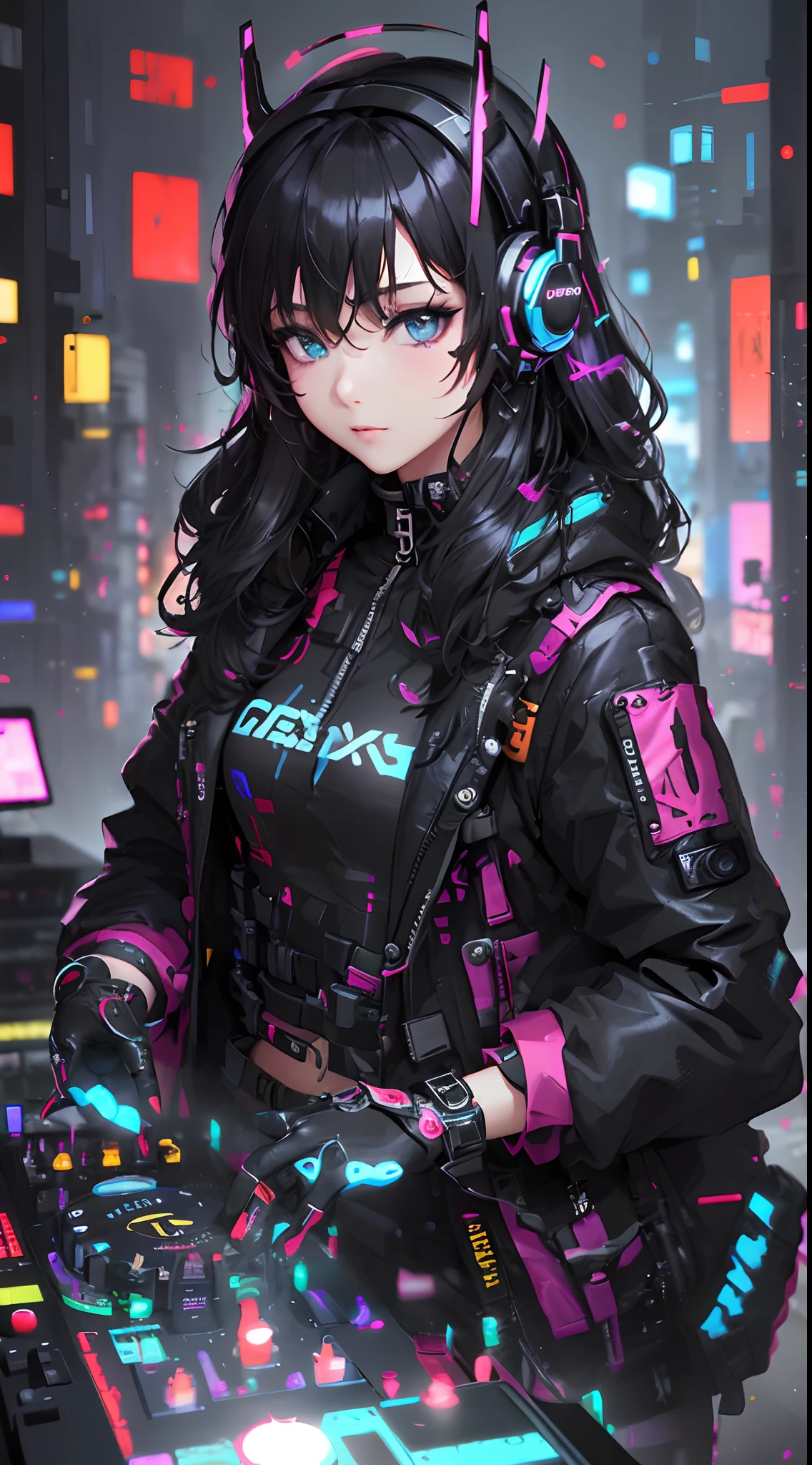 (​masterpiece),((top-quality)),(offcial art),(Beautiful and indulgent:1.2),(1girl in:1.3),Face peel the front,Small breasts,((Black-haired beauty)),breasts are small、BREAK,((DJ Equipment)),((headphones)),Beautiful DJ woman with cyberpunk image,((DJ Touch Mixer)),Detailed drawing。Vibrant colors。colourfull、highestdetailed ((ultra-detailliert)),(Highly detailed 2D illustrations),((Extremely delicate and beautiful))Super Detail