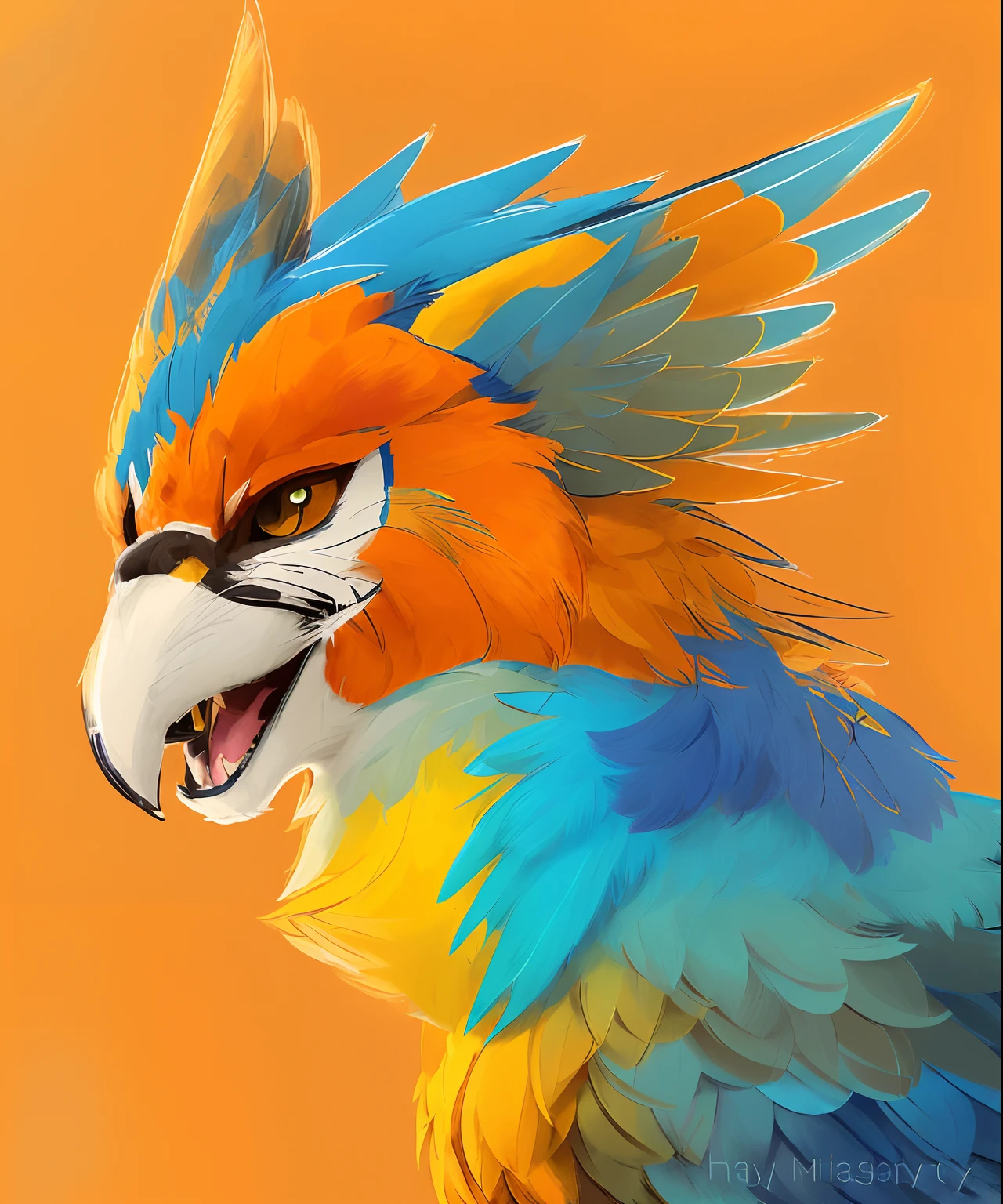 There is a painting,This is a cat with blue and yellow feathers, anthro portrait, furry character portrait, avian!!! fursona, lovely digital painting, portrait of an anthro fox, Gryphon, creature bust, fursona art, anthro art, Sly smile, cocky smirk, Detailed digital painting, fluffy orange skin, portrait of a small
