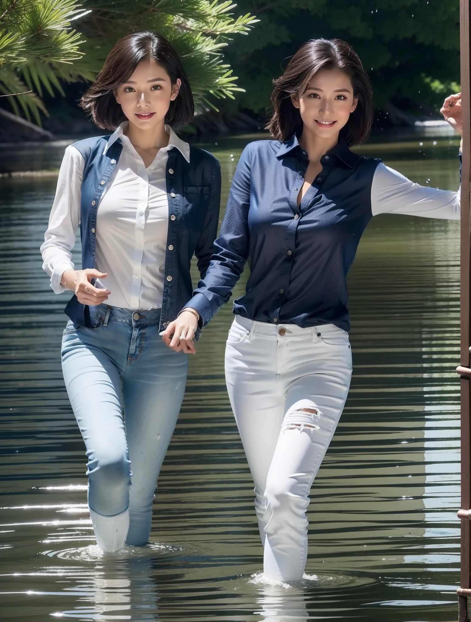 tmasterpiece,hyper HD,1 Spectacular river views,Wear a skinny shirt with collared buttons and blue jeans,Happy frolicking in the water,The costume is wet:1.5,Fit snugly to the body,Room and ,Chest hyperexcion,detailed outfits:1.5,Delicate hair,Wet hair:1.5,shirt is wet:1.2,Jeans are wet:1.2,Water droplets hang on fair skin:1.2,Detailed river water,The river is shallow,Clear:1.5,Full body photography:1.8