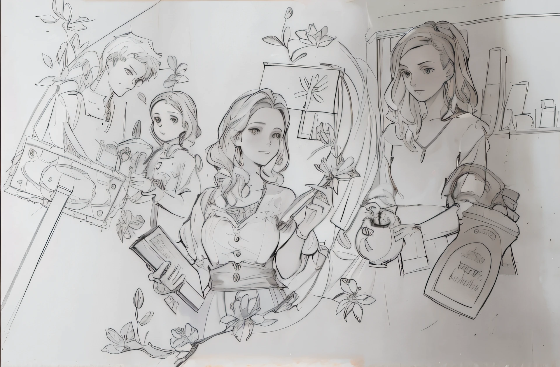 sketches of a woman and two children in a garden, detailed fanart, stylized linework, detailed penciling, rough sketch, outline sketch, concept illustration, official fanart, detailed but rough, high quality fanart, fanart, concept art!!, whole page illustration, wip, concept sketch, highly detailed exquisite fanart, professional sketch, inspired by Ceri Richards