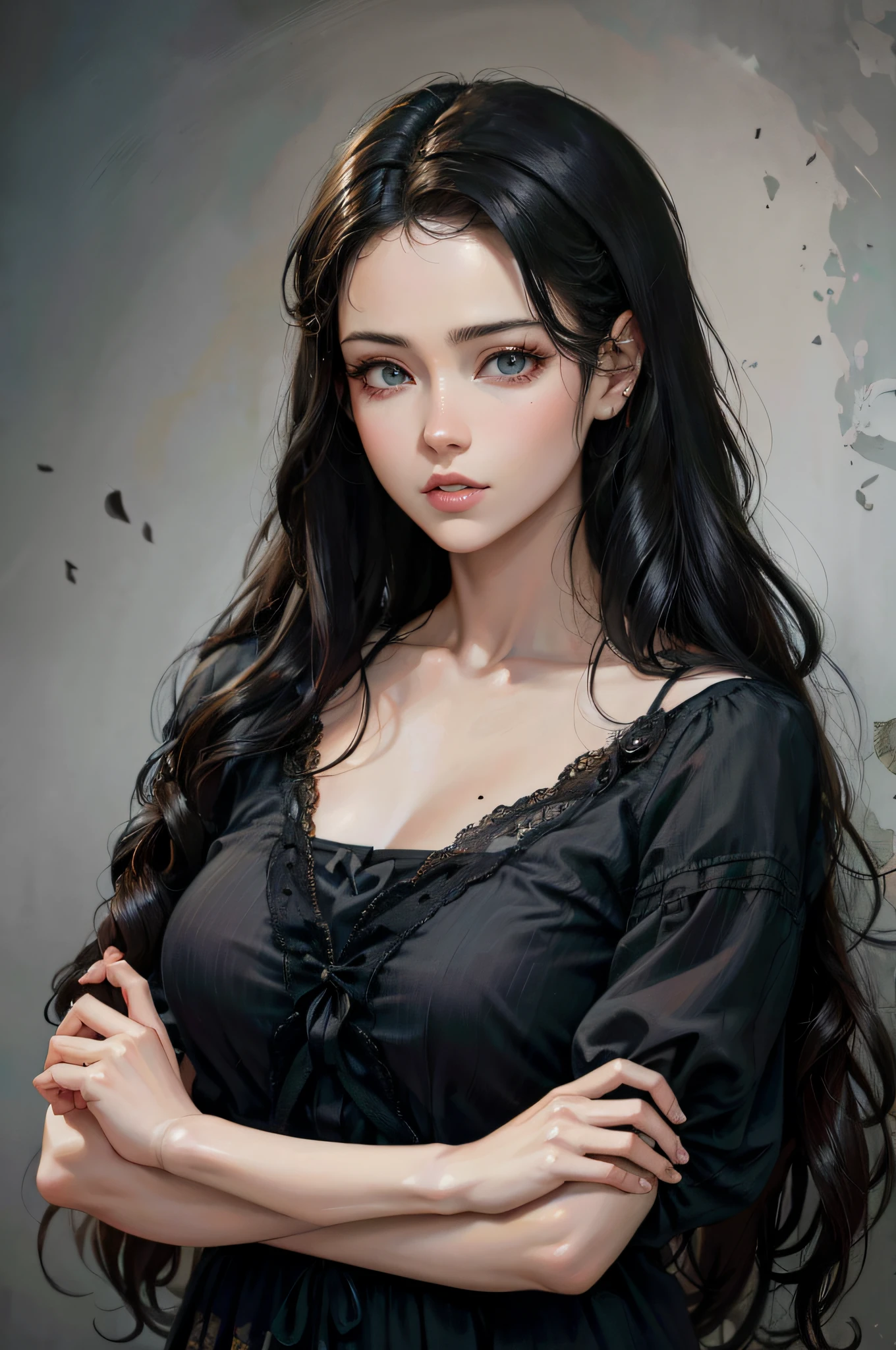 pintura de uma mulher com cabelos longos e olhos azuis posando, Arte no estilo de Guweiz, No estilo de arte de Bowater, Artgerm. anime illustration, pintura de personagem bonita, com cabelos longos e olhos penetrantes, cara bonito. fantasia sombria, lindo pintura digital, retrato Artgerm, Fantasia sombria misturada com realismo, Artgerm. High detail